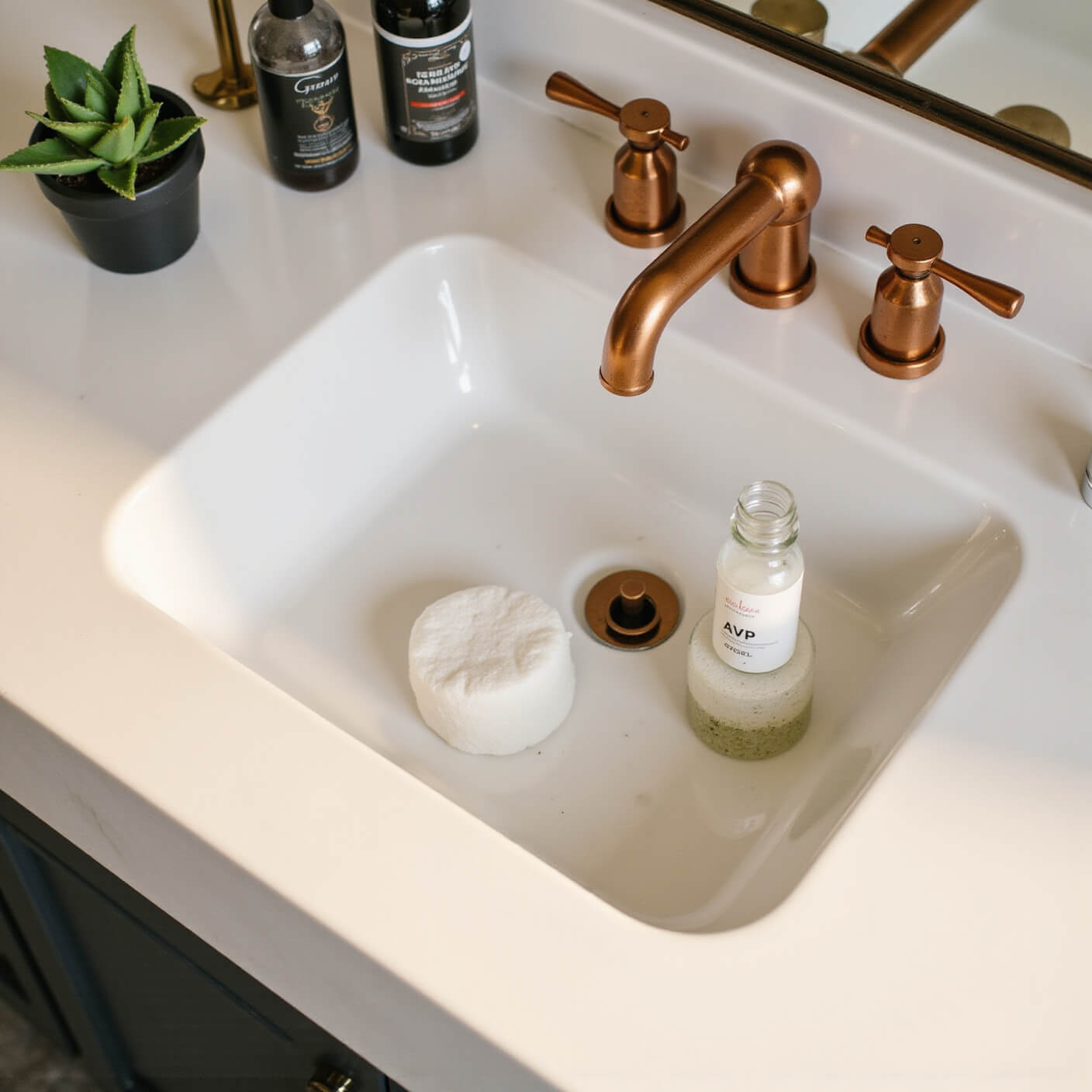 Serene bathroom vanity at golden hour with a marble countertop, white porcelain sink, copper fixtures, eco-friendly skincare items, and a small aloe plant, bathed in warm natural light.