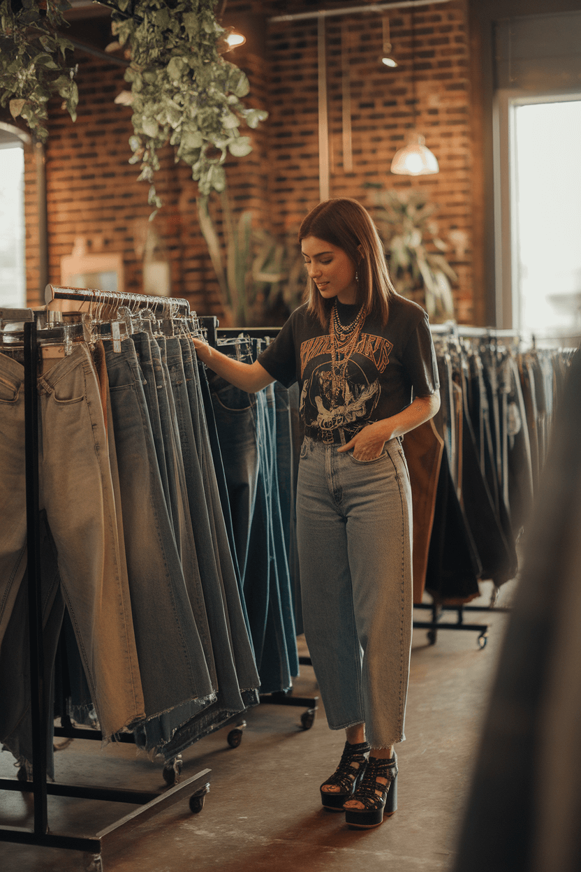 Young woman browsing vintage jeans at industrial-style thrift store with exposed brick walls, hanging plants, and warm lighting; wearing graphic band tee, platform boots, and layered beaded necklaces.