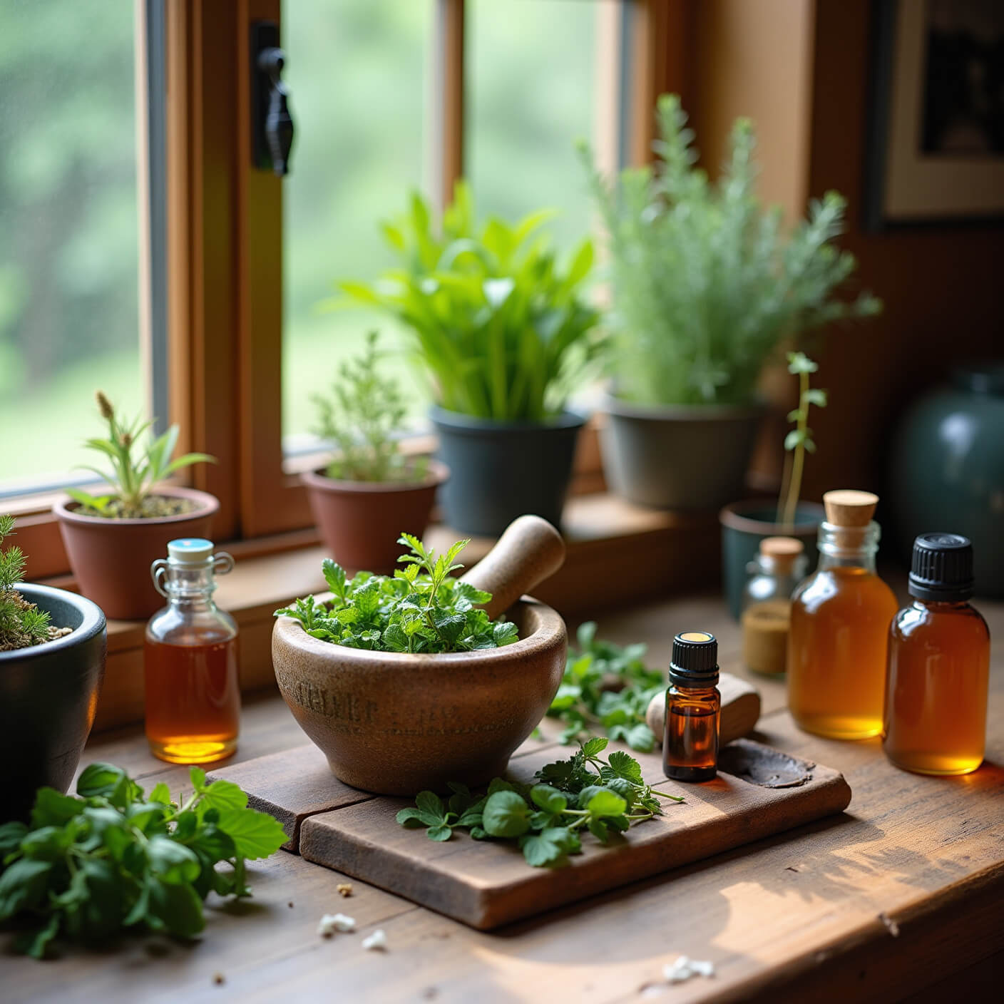 Modern farmhouse kitchen with rustic table displaying mortar and pestle grinding herbs, surrounded by jars of botanicals, essential oils, and amber bottles, with herb garden visible through window in warm afternoon light.