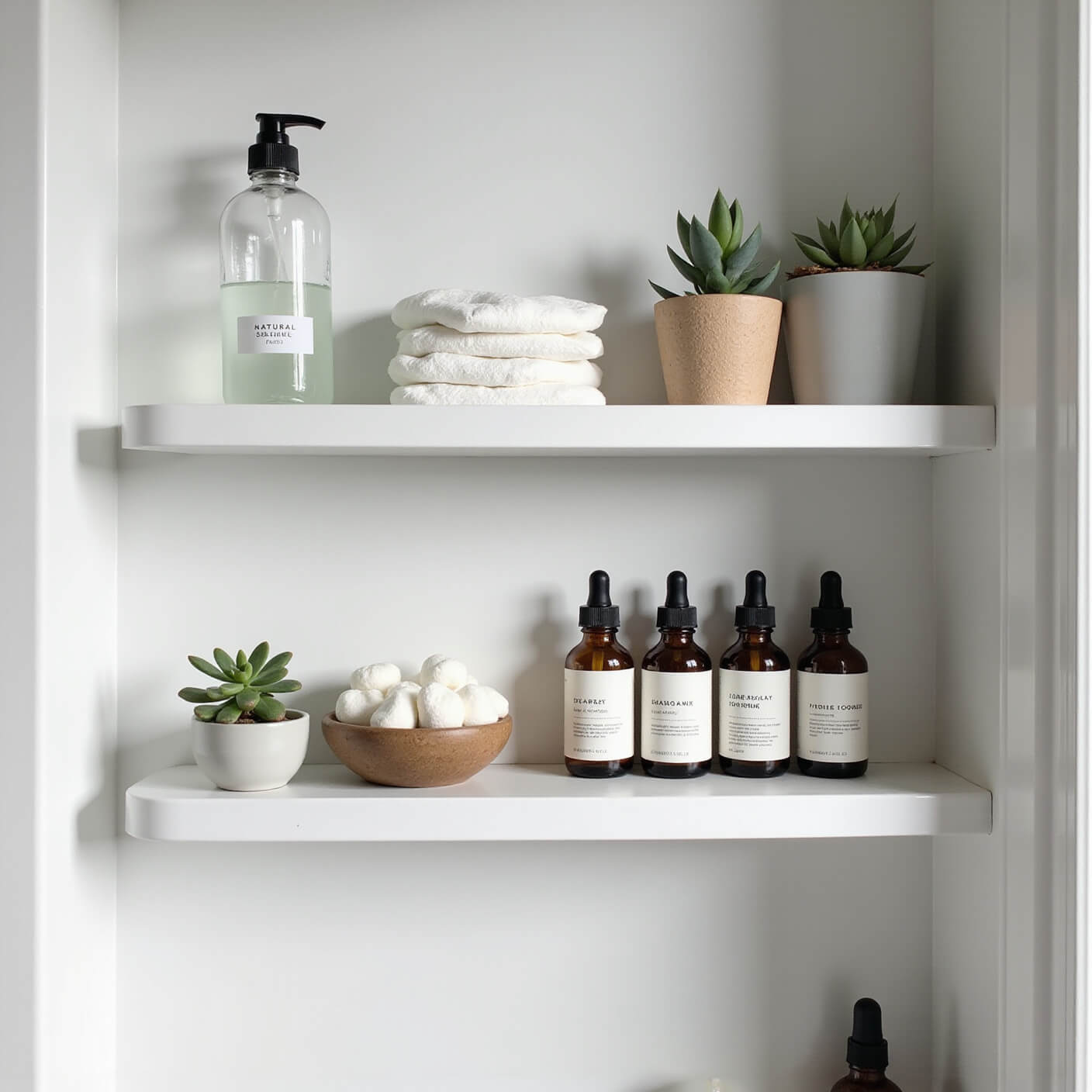 Minimalist bathroom shelf with organized natural skincare items, including clear glass bottles, amber droppers, organic cotton pads, and small potted succulents, in cool morning light.