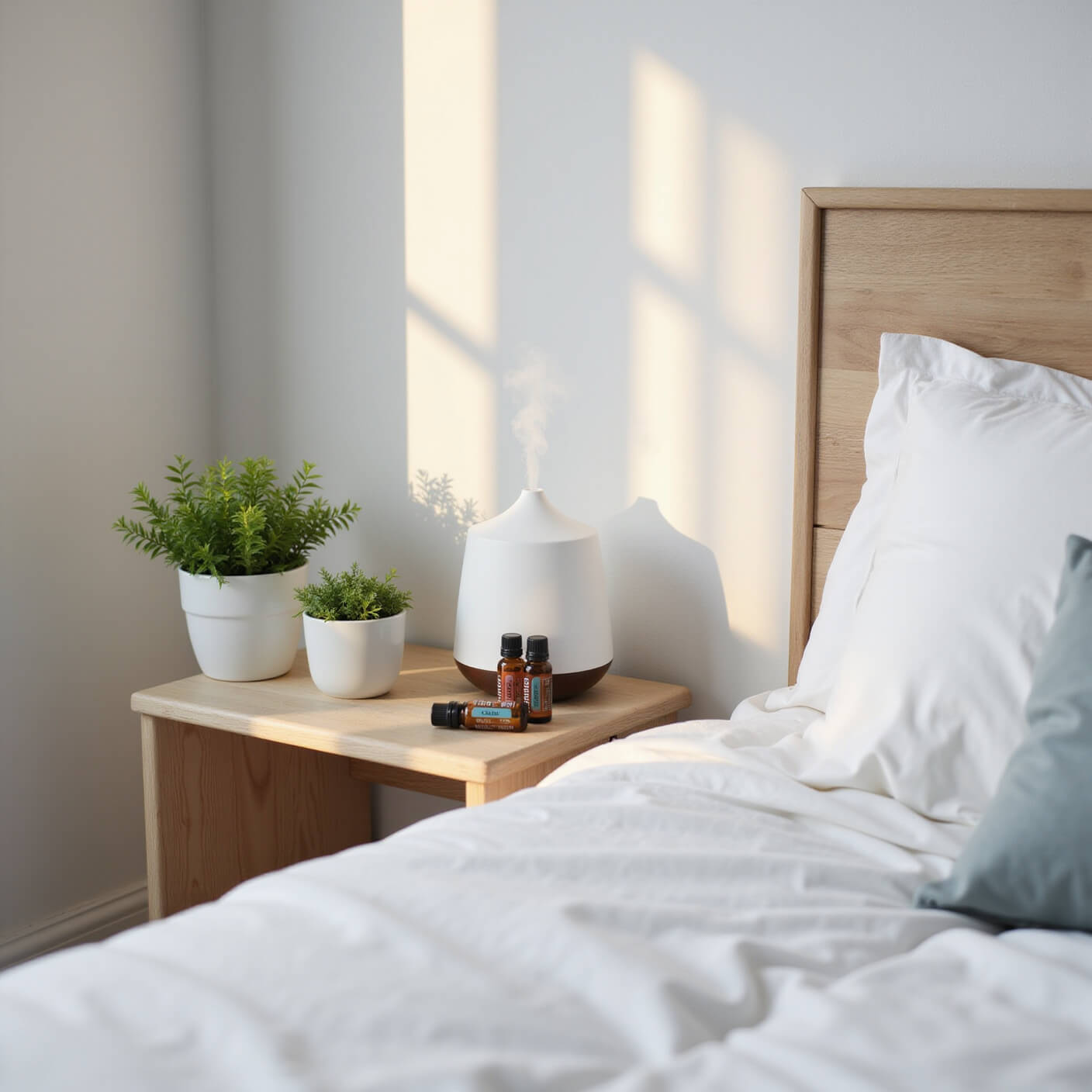 Minimalist bedroom wellness nook with essential oil diffuser misting beside glass bottles, eucalyptus plants, white bedding, and a meditation cushion, viewed from above in soft morning light.