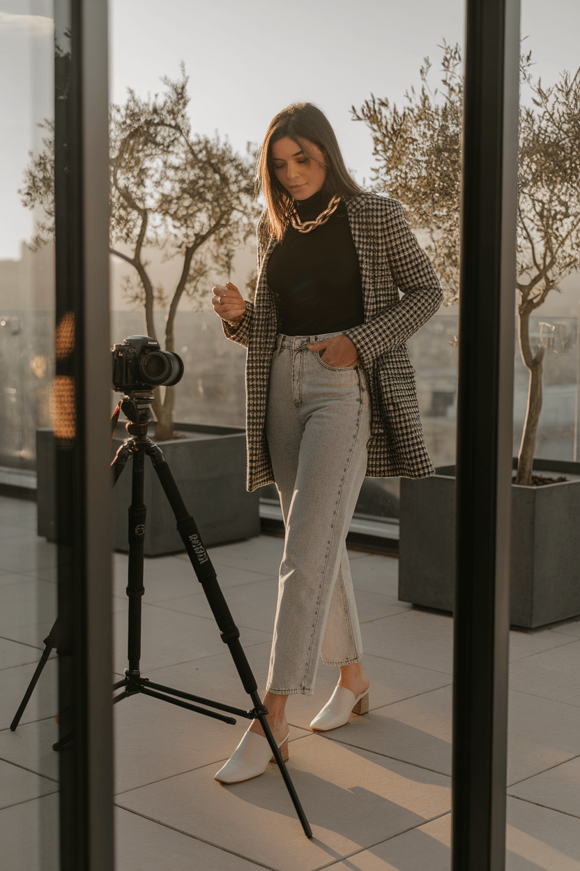 Fashion blogger on modern terrace photographing outfit in golden afternoon light, wearing slouchy jeans, black turtleneck, gold necklace, white mules; camera on tripod, potted olive trees, and city skyline in background.