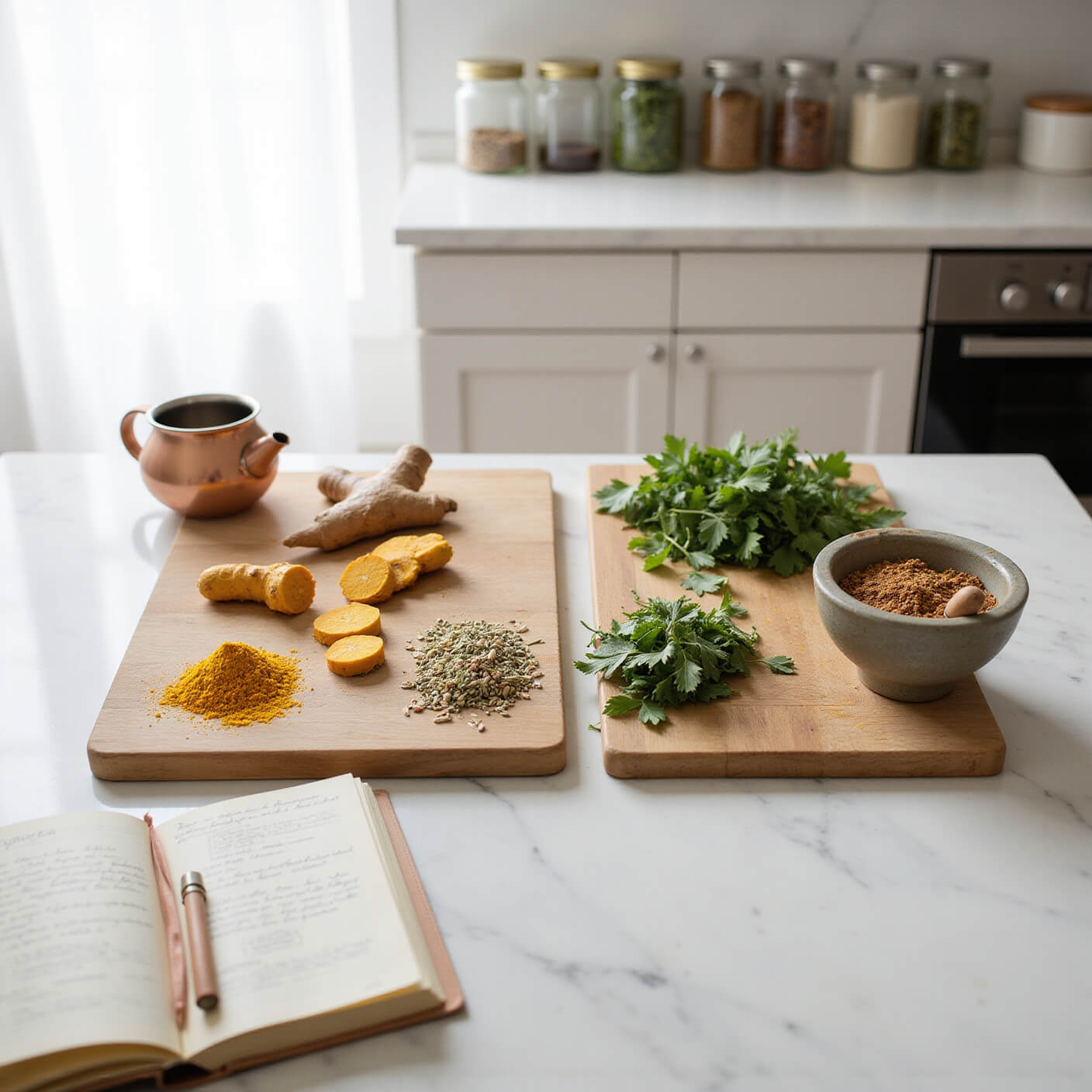 Morning kitchen with soft light; herbs like turmeric, horsetail, and comfrey on cutting boards; steaming copper kettle; jars of herbs along backsplash; open recipe journal; mortar and pestle with ground spices.