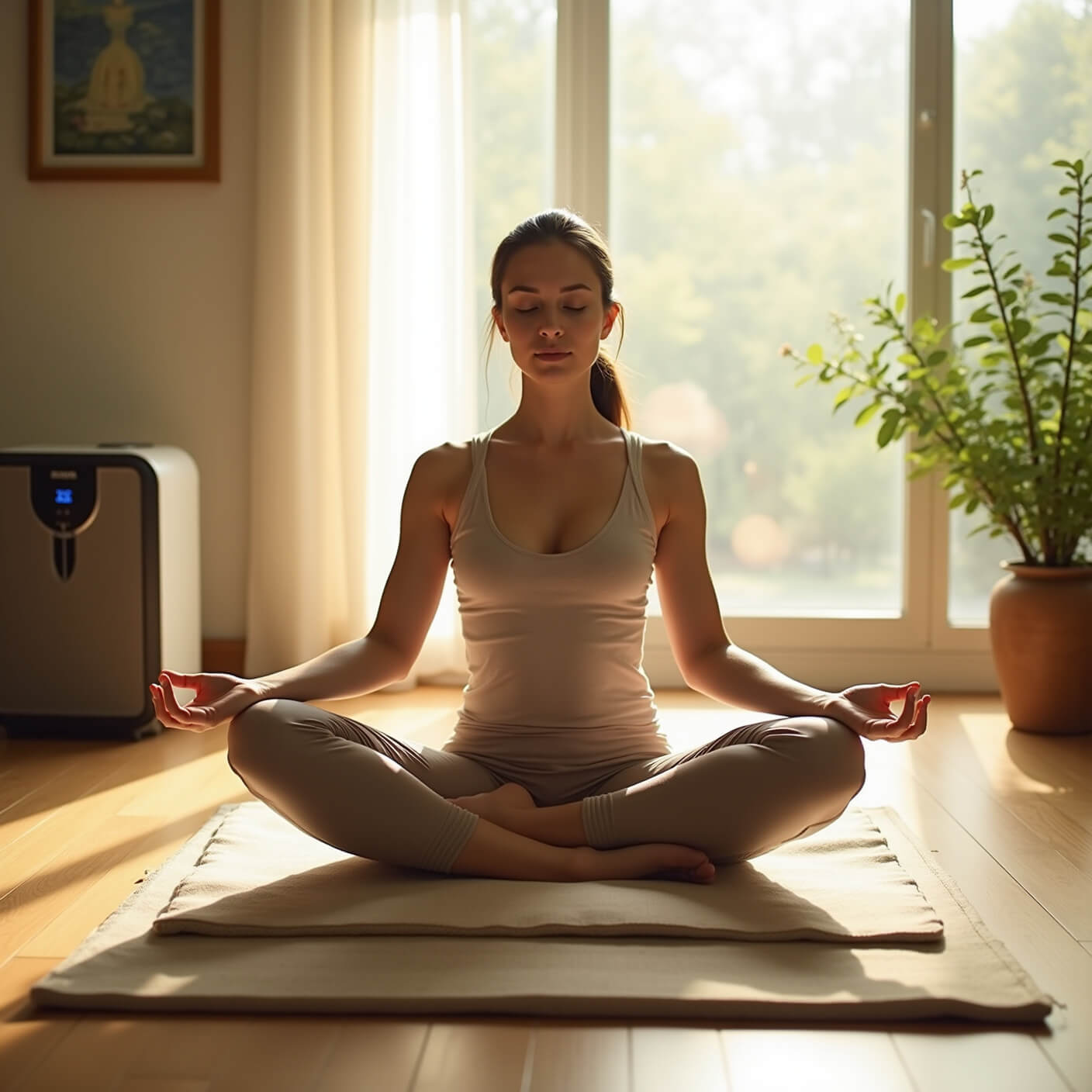 Person meditating on a linen cushion in a minimalist, sunlit room with bamboo flooring, eucalyptus plants, a HEPA air purifier, and a humidity monitor displaying 40%.