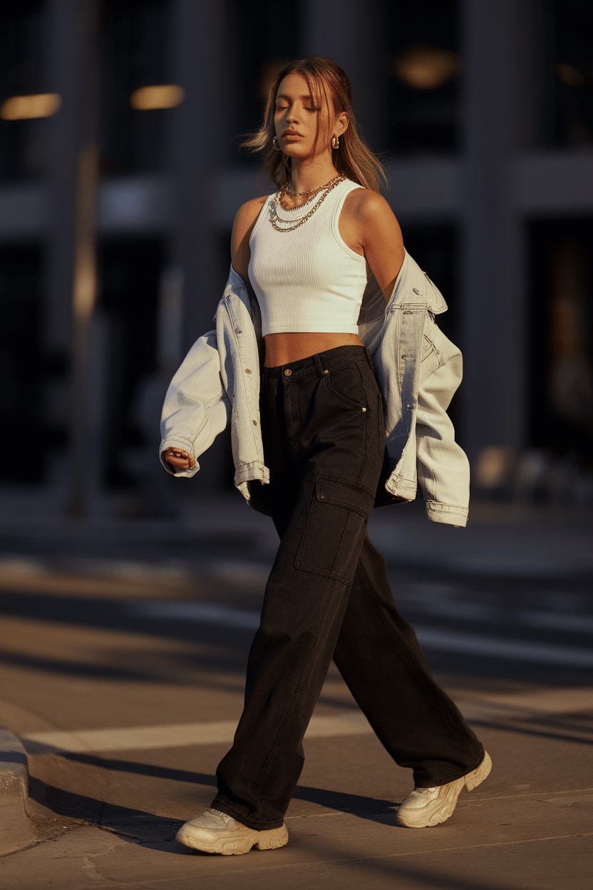 Fashion model walking on a sunlit urban street corner, wearing black cargo pants, a cropped white tank top, oversized denim jacket, and white sneakers, with gold necklaces glinting in the golden hour light.