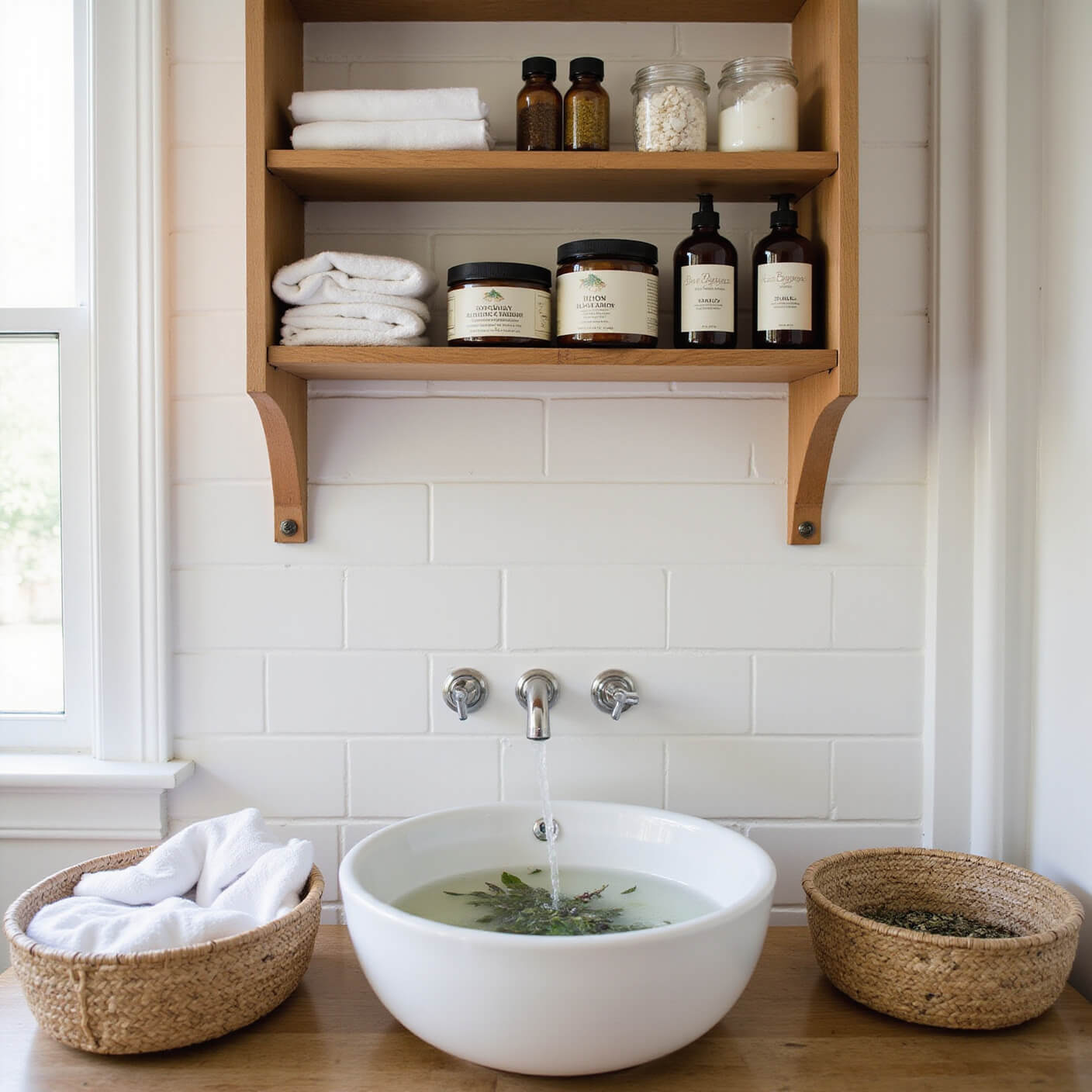 Overhead view of a serene bathroom wellness station with amber bottles, healing herbs, woven baskets, and a steaming therapeutic bath against white subway tiles in soft dawn light.