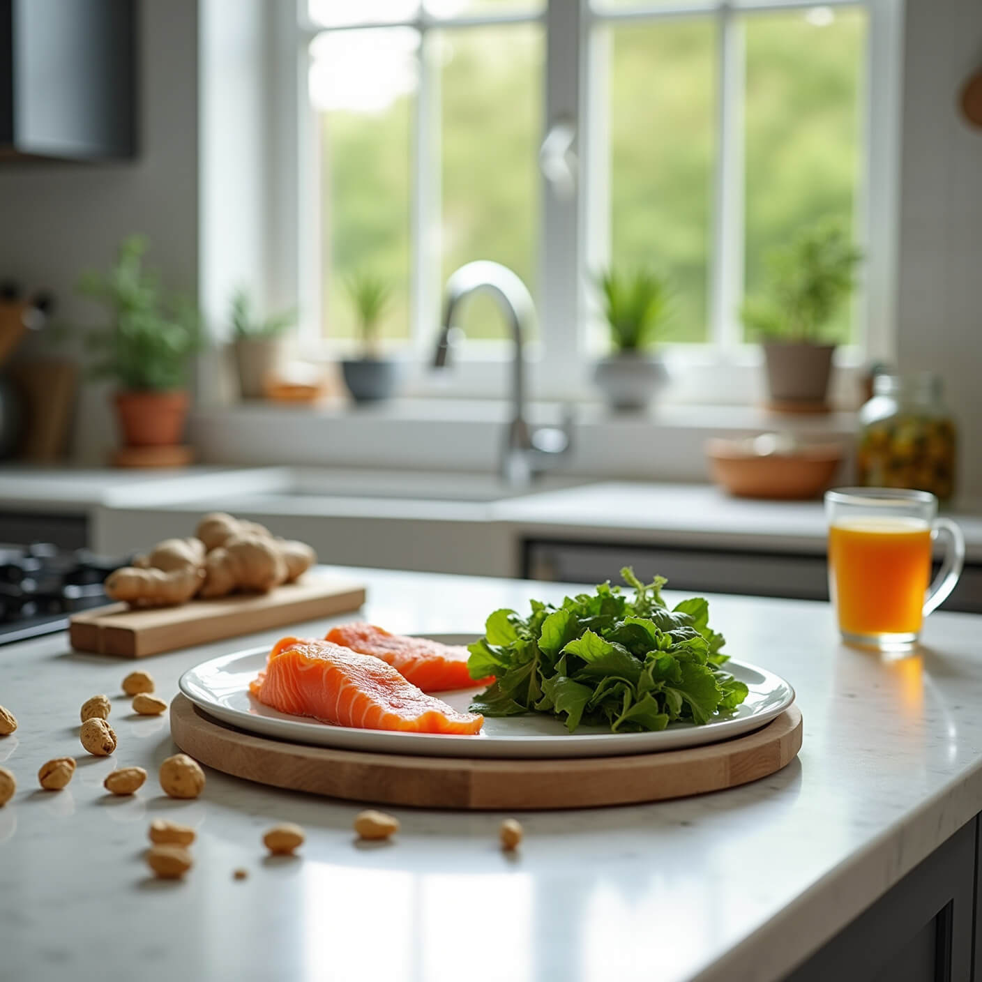 Modern kitchen with fresh salmon, leafy greens, nuts, turmeric latte, and ginger tea on white marble counters; herb garden on windowsill and stainless steel appliances in background.