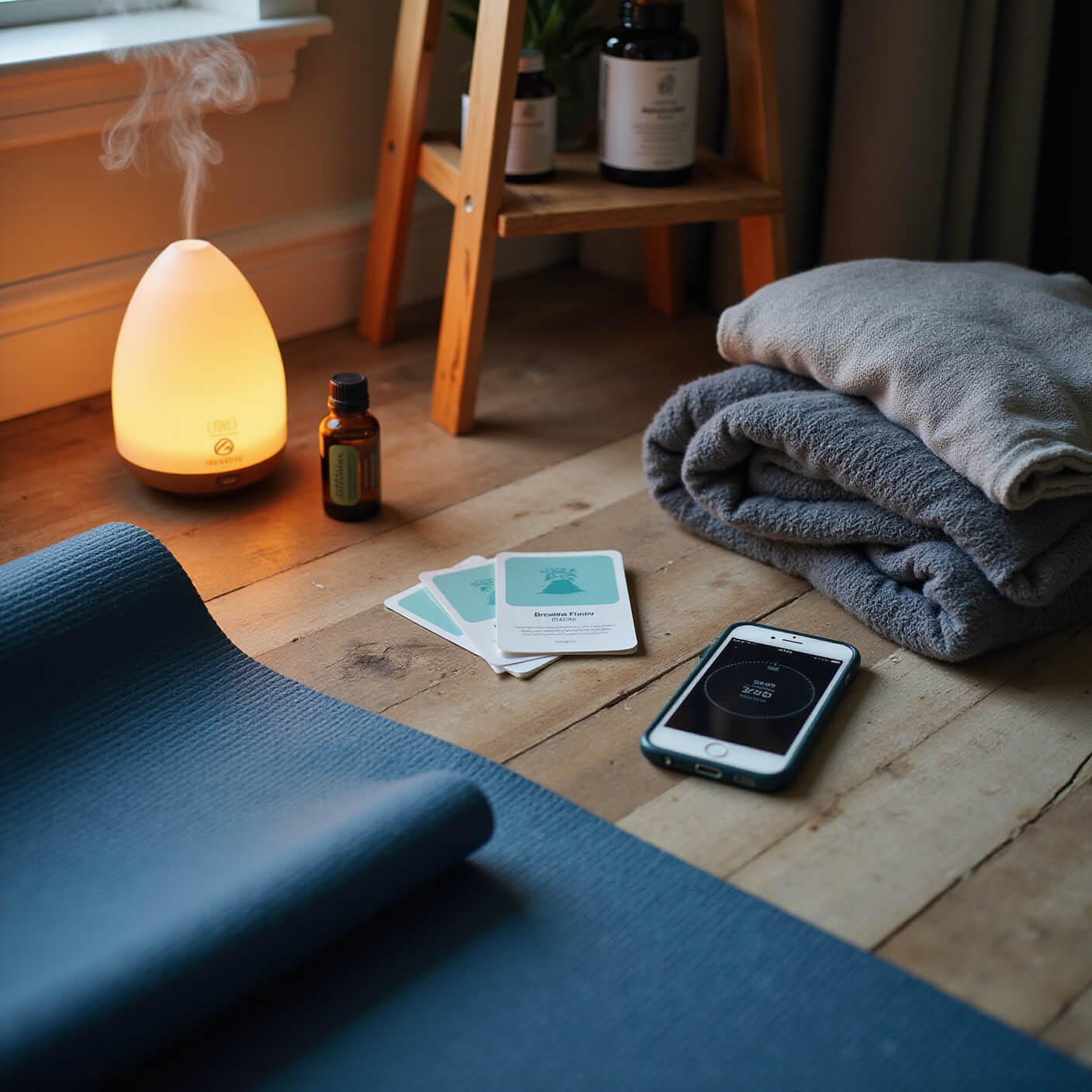 Cozy wellness corner at sunset with yoga mat, diffuser misting eucalyptus, herbal supplements, breathing cards, peak flow meter, cotton throw blankets, and meditation app on smartphone, viewed from above.