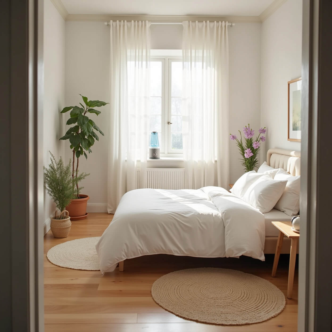 Sunlit bedroom with hypoallergenic white bedding, hardwood floors, natural fiber rugs, sheer linen curtains, lavender and peppermint plants, air purifier, and bedside humidifier creating a serene, breathable space.