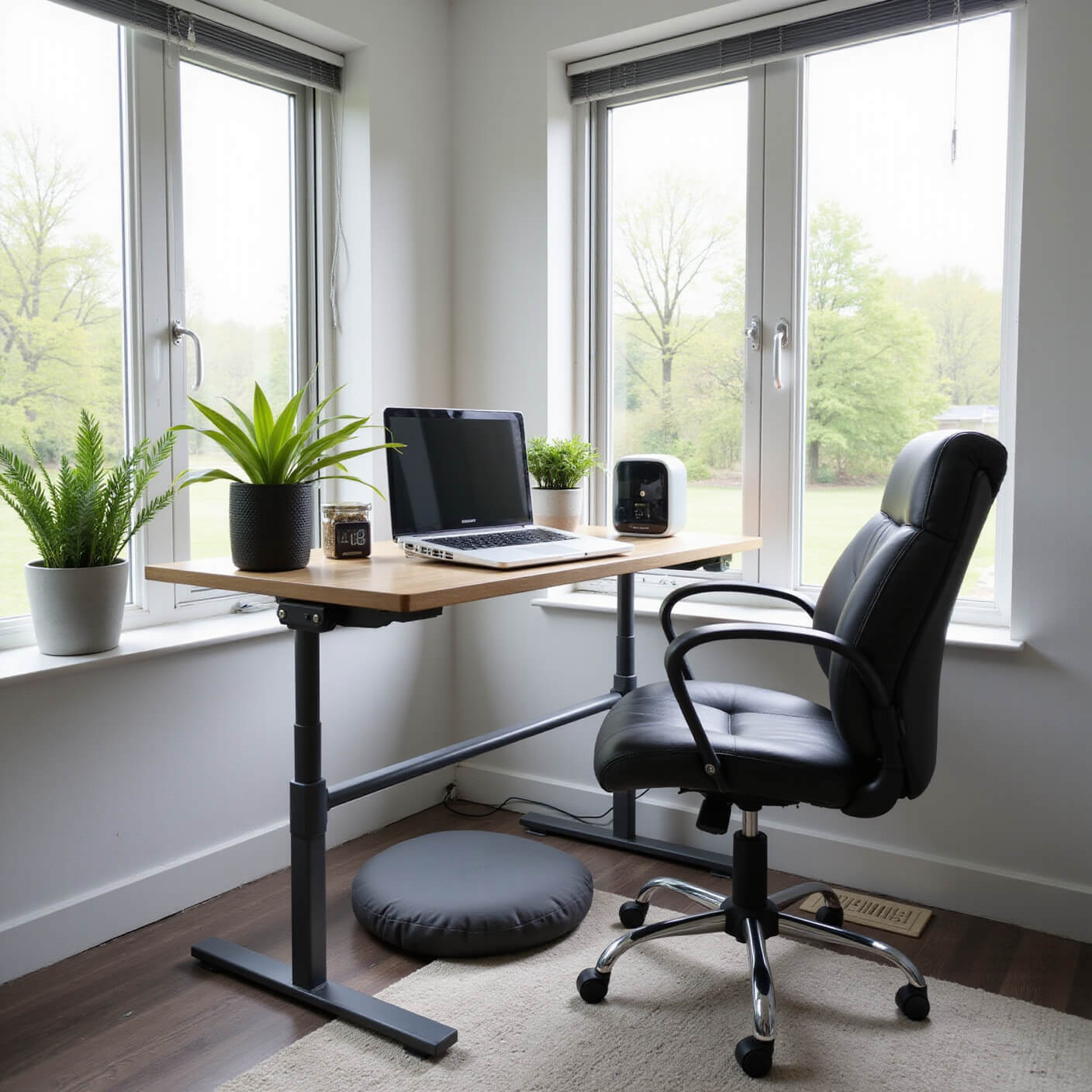 Home office with standing desk by open windows, air-cleaning plants, humidifier, meditation cushion, breathing timer, herbal tea station, cable-managed tech setup, and air quality monitor; cool gray tones with green accents.