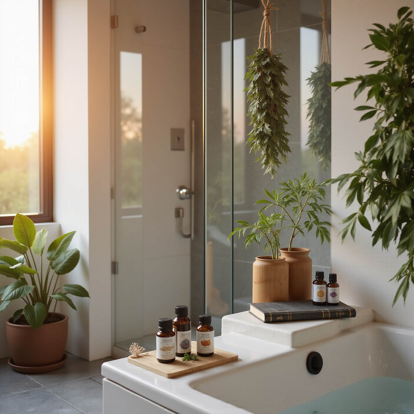 Luxurious spa-inspired bathroom at golden hour with steamy glass shower, eucalyptus bundles, essential oils, stone tiles, bamboo accents, plants, and a soaking tub with a wellness journal.
