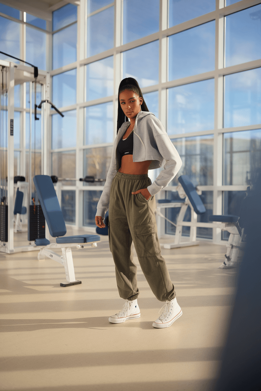 Model in olive cargo pants, black sports bra, and cropped grey hoodie posing in bright fitness studio with floor-to-ceiling windows and soft-focus gym equipment in background.