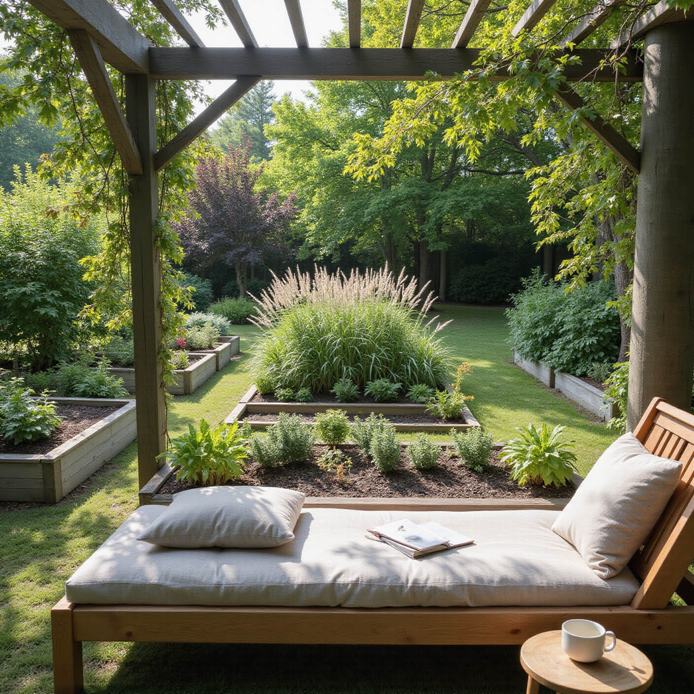 Late afternoon garden with raised beds of comfrey, horsetail, and medicinal herbs; a linen-cushioned daybed and tea table under a pergola with dappled sunlight, creating a serene healing space.
