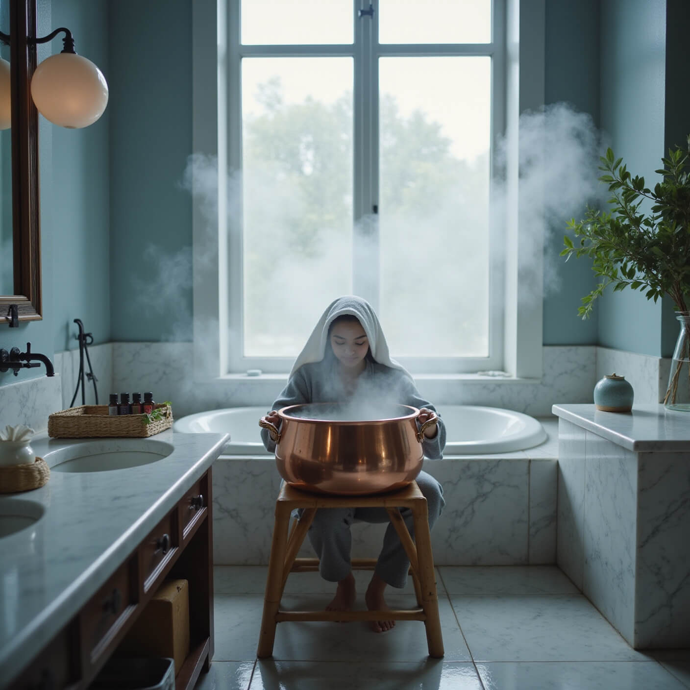 A serene bathroom with morning light and rising steam, showing a person in grey loungewear steaming over a copper pot surrounded by eucalyptus, with marble counters holding essentials.