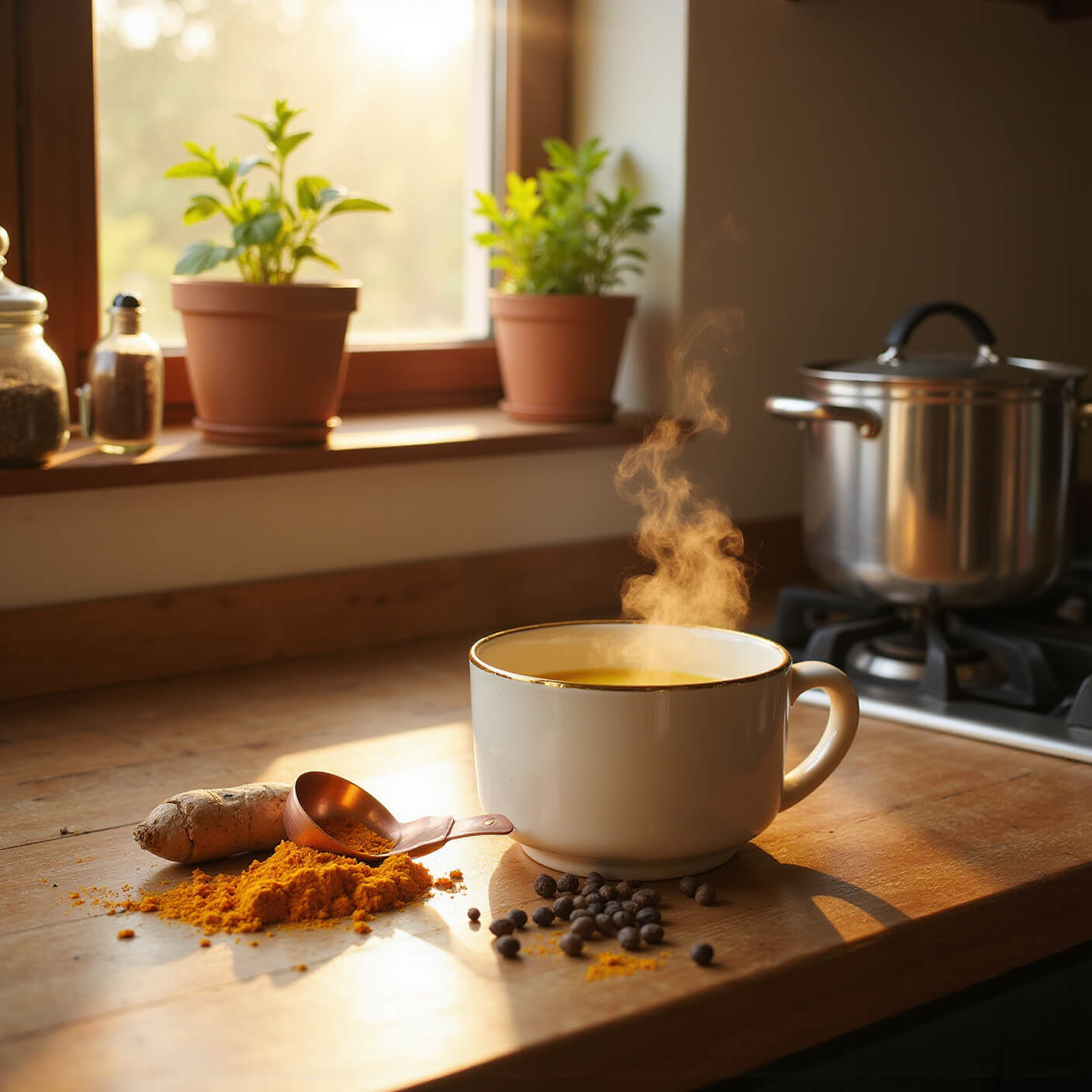 Rustic kitchen at golden hour with turmeric drink preparation—sunlit wooden countertop holding fresh turmeric, black peppercorns, copper spoon, steaming golden milk in white mug, and herb garden in background.
