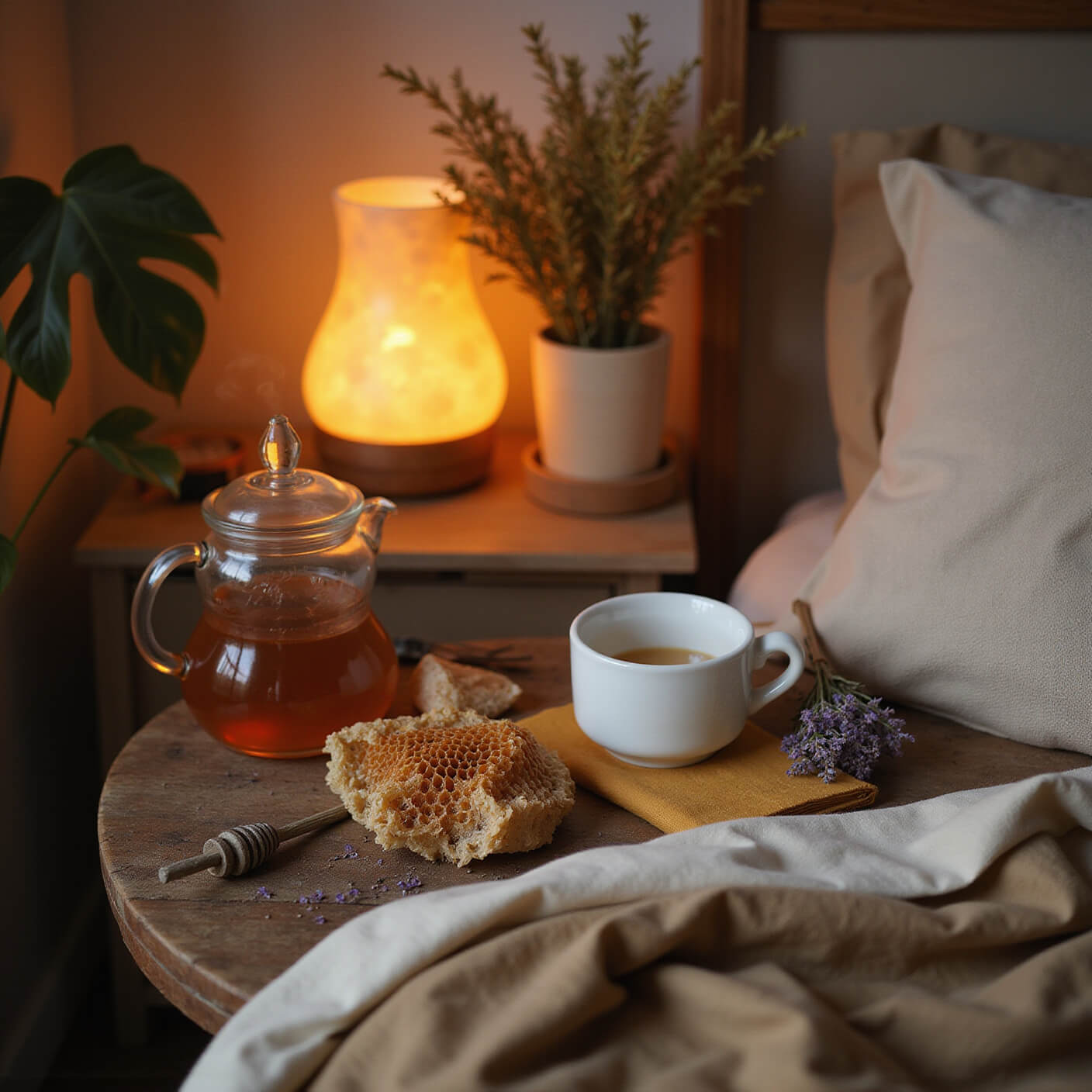 Rustic bedroom corner at dusk with raw honey jar, steaming teapot, ceramic cup, salt lamp, dried lavender, and wellness journal on wooden bedside table, glowing in warm earth tones.