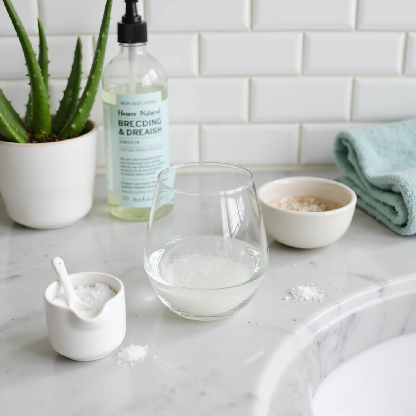 Modern bathroom sink setup with saltwater glass, ceramic salt cellar, natural mouthwash, eco-friendly towels, and aloe vera plant on marble counter, in bright minimalist setting.