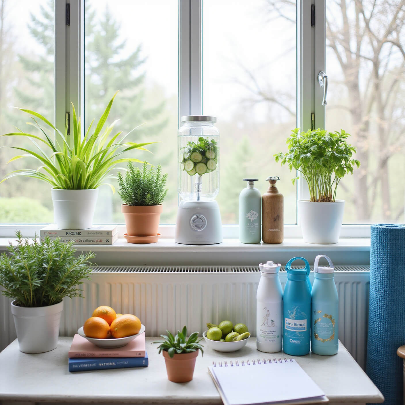 Bright, sunlit living room hydration station with glass water dispenser, reusable bottles, yoga mat, plants, wellness books, citrus fruits, and a hydration journal in a fresh blue and green palette.