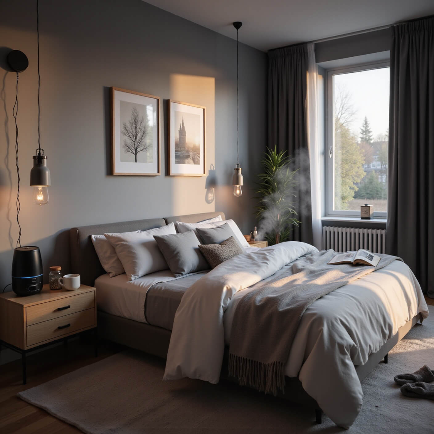 Contemporary bedroom sanctuary at sunset with king bed in soft greys and whites, misty humidifier, air purifier, and diffuser on nightstand, string lights glowing, blackout curtains, and cozy wellness items arranged.