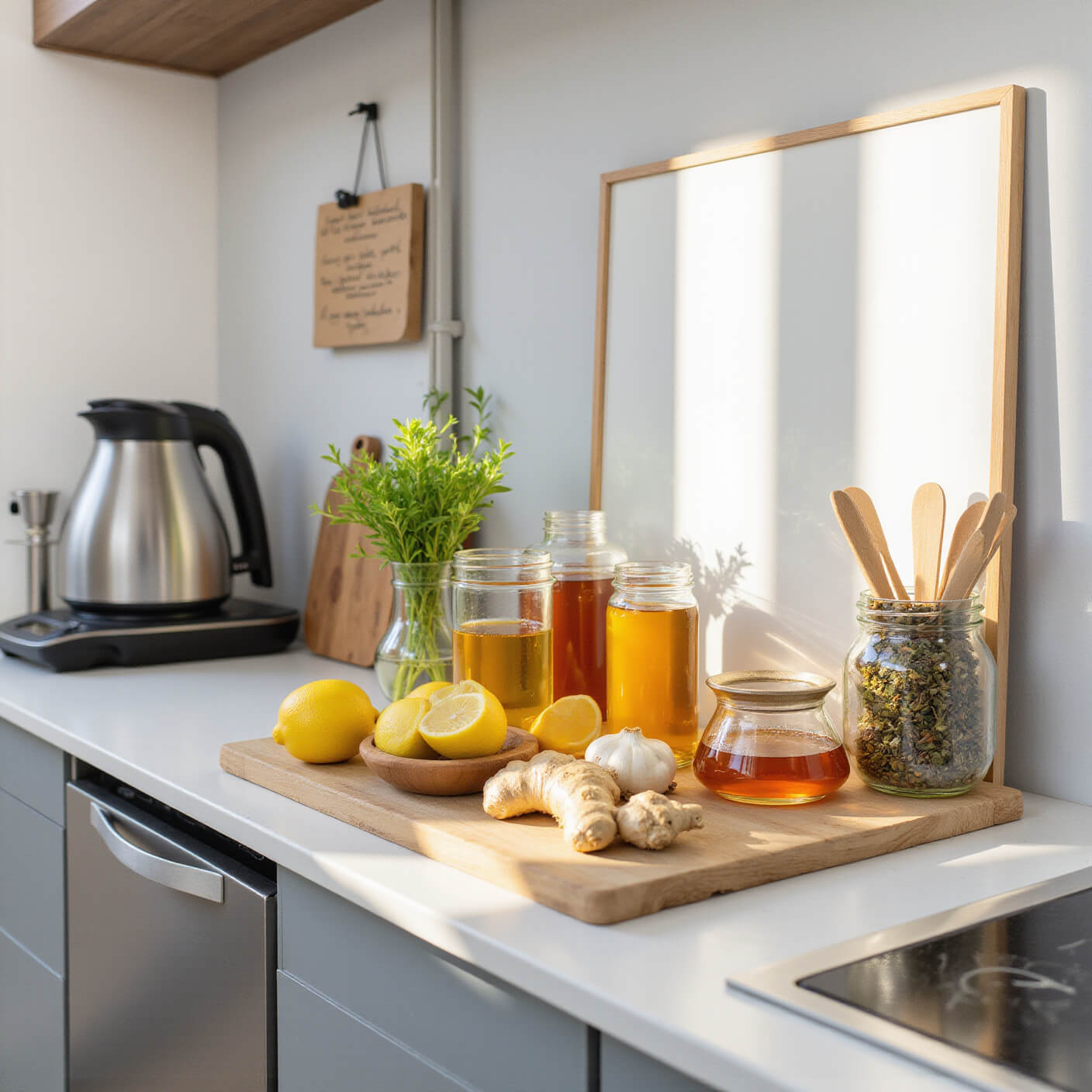 Organized health-focused kitchen counter in morning light with ginger, lemons, garlic, honey, herbal teas in glass containers, blender, electric kettle, wellness routine board, and clean mugs.