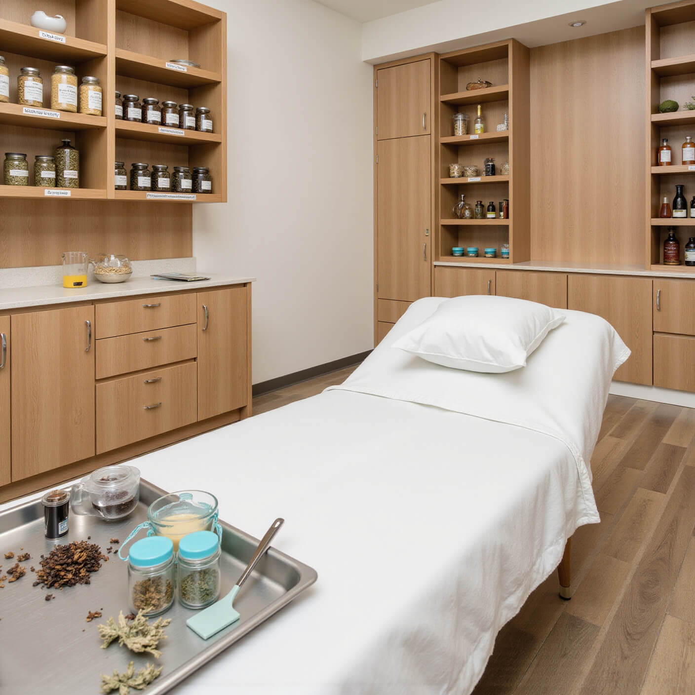 Modern TCM treatment room with wooden cabinets, labeled herb containers, an examination table with white linens, a herb preparation area, and stainless steel tools under bright lighting.