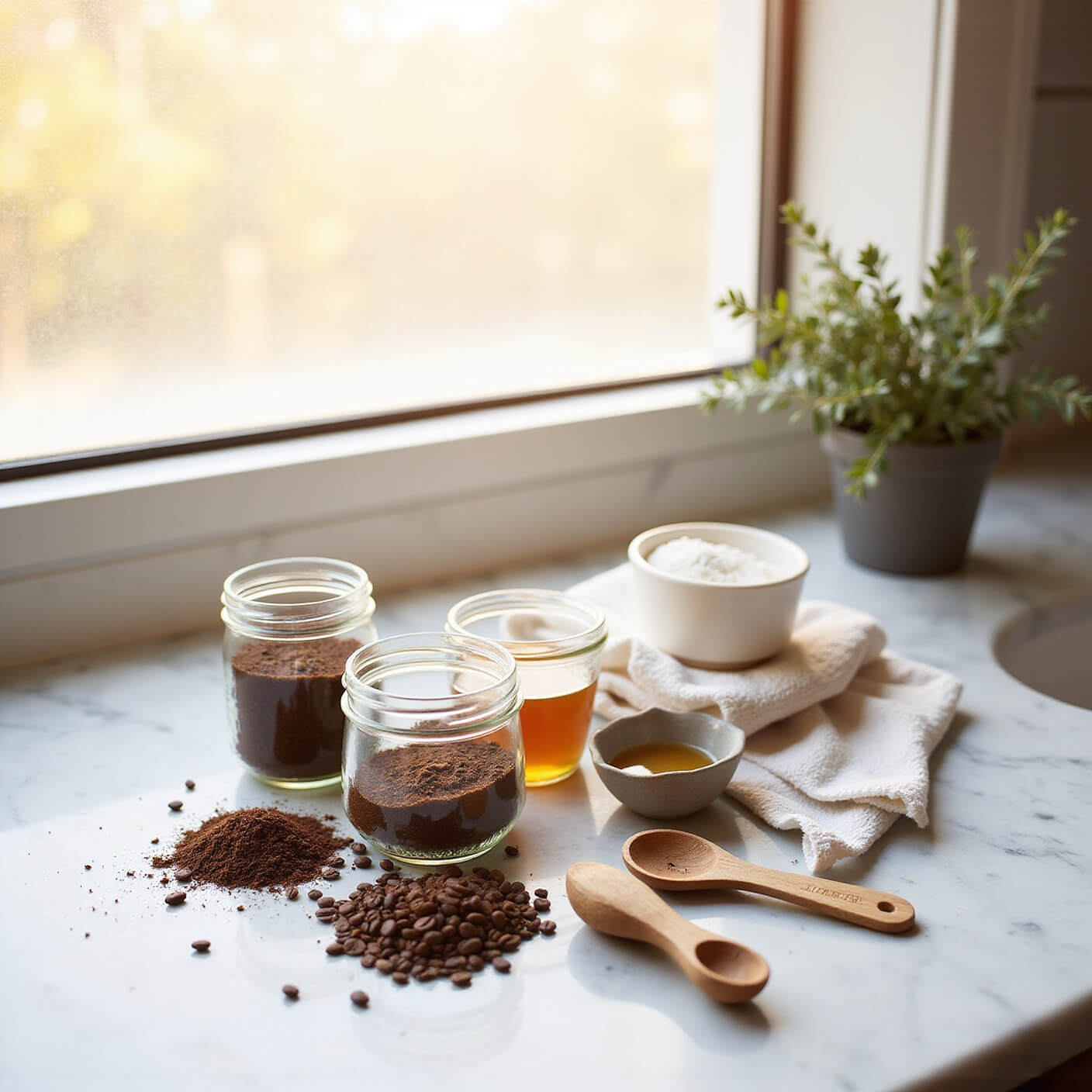 Artisanal DIY body scrub setup on sunlit marble counter with mason jars of ingredients, wooden spoons, ceramic bowl, scattered coffee beans, white linen towel, and potted eucalyptus at golden hour.