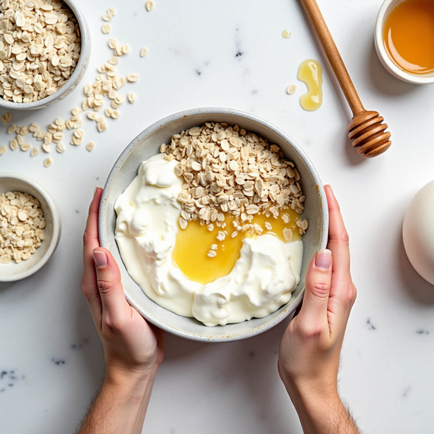 Hands mixing homemade winter body scrub in a ceramic bowl with oatmeal, yogurt, and honey on a white marble countertop, shot from above.