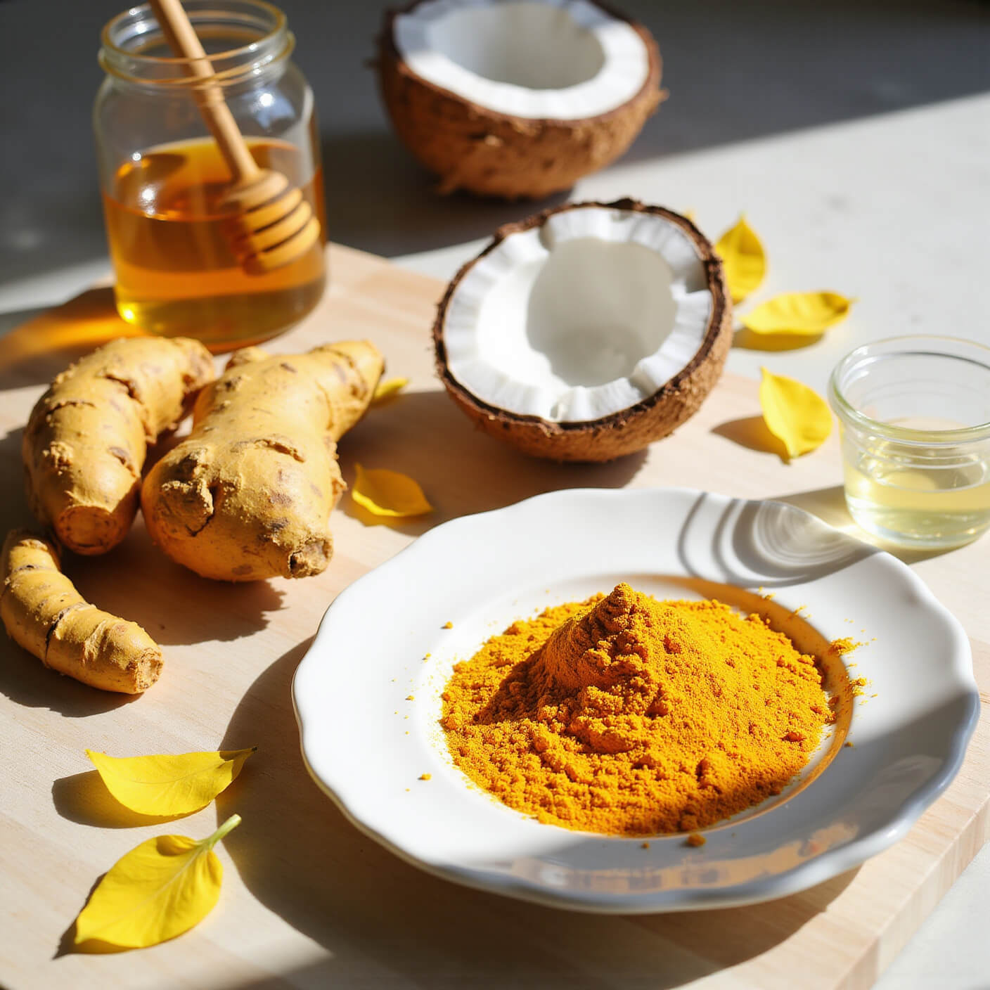 High-angle view of vibrant summer kitchen scene with turmeric powder, honey jar, coconut oil, fresh turmeric root, and coconut half on light wood cutting board, accented with scattered yellow petals.