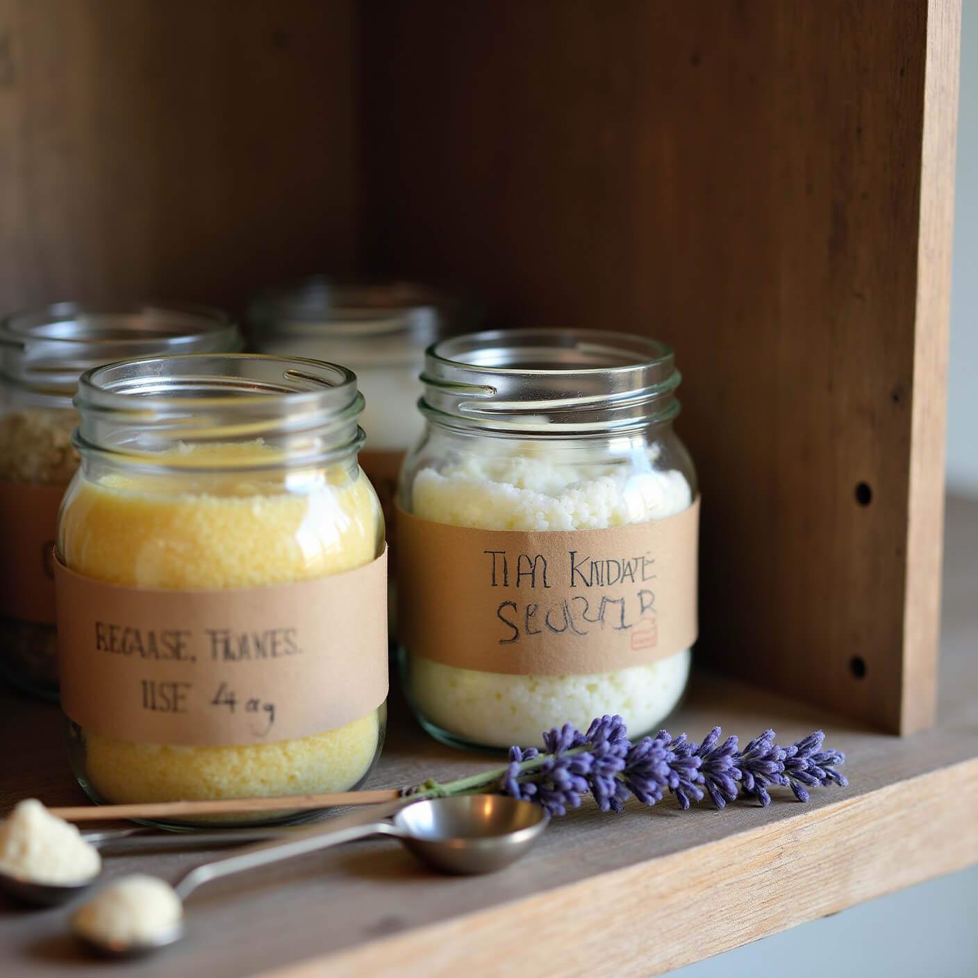 Three labeled mason jars filled with colorful scrubs on a rustic wooden shelf, accented with dried lavender, vintage measuring spoons, and natural ingredients in soft afternoon light.