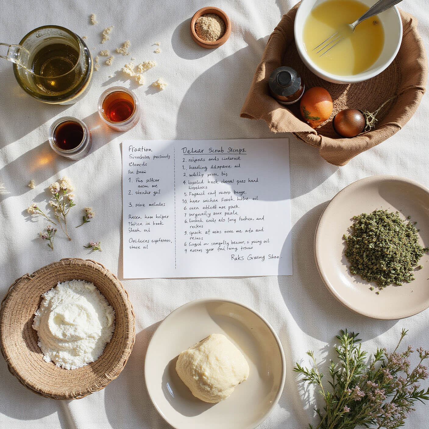 Overhead flat lay of DIY scrub making station with vintage bowls, amber oil bottles, raw ingredients, fresh herbs, and handwritten notes on a light linen tablecloth in morning light.