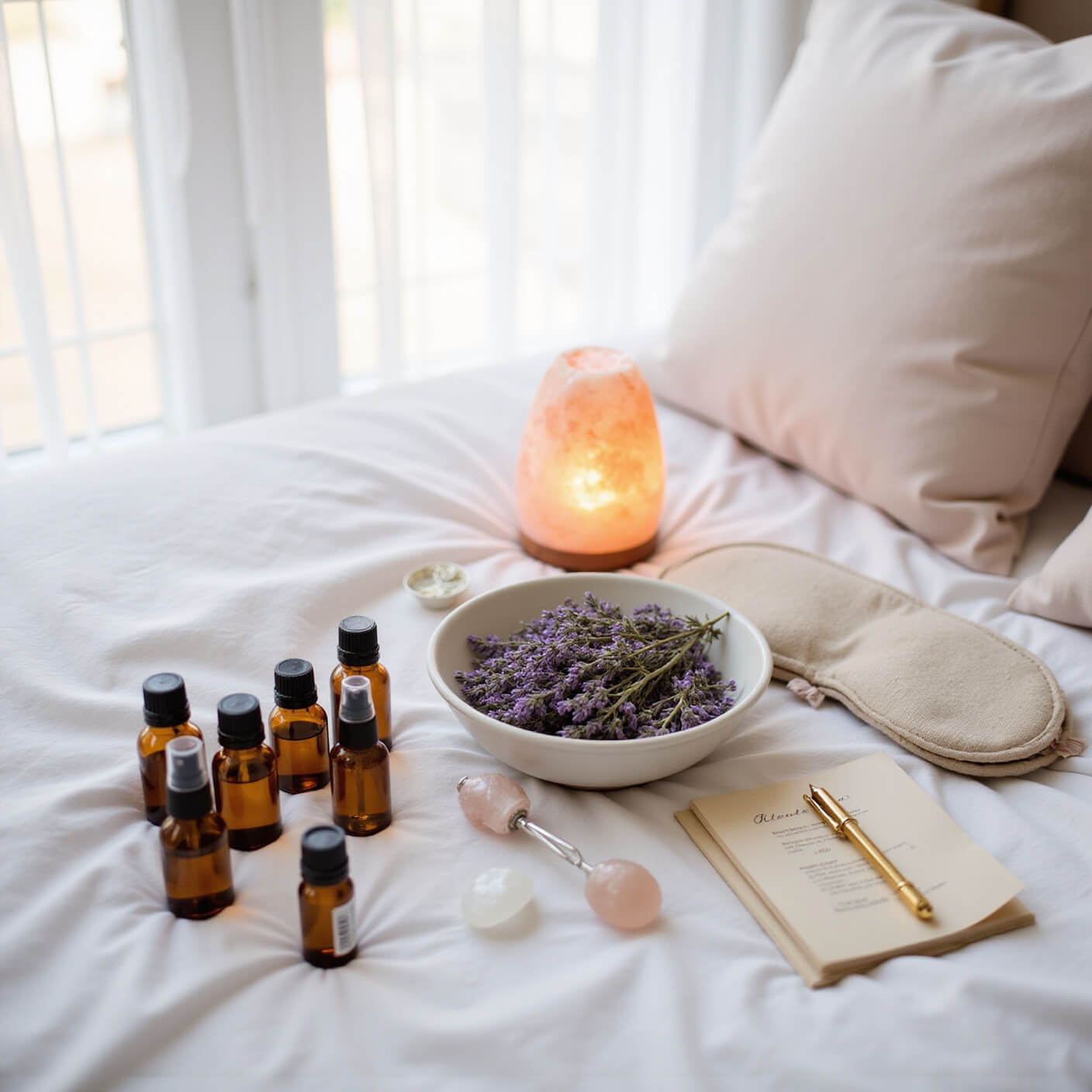 Flat lay of a serene bedroom scene with amber essential oil bottles, crystal roller, dried lavender, Himalayan salt lamp, silk eye mask, linen spray, and journal with gold pen on a white linen duvet in soft dusk light.