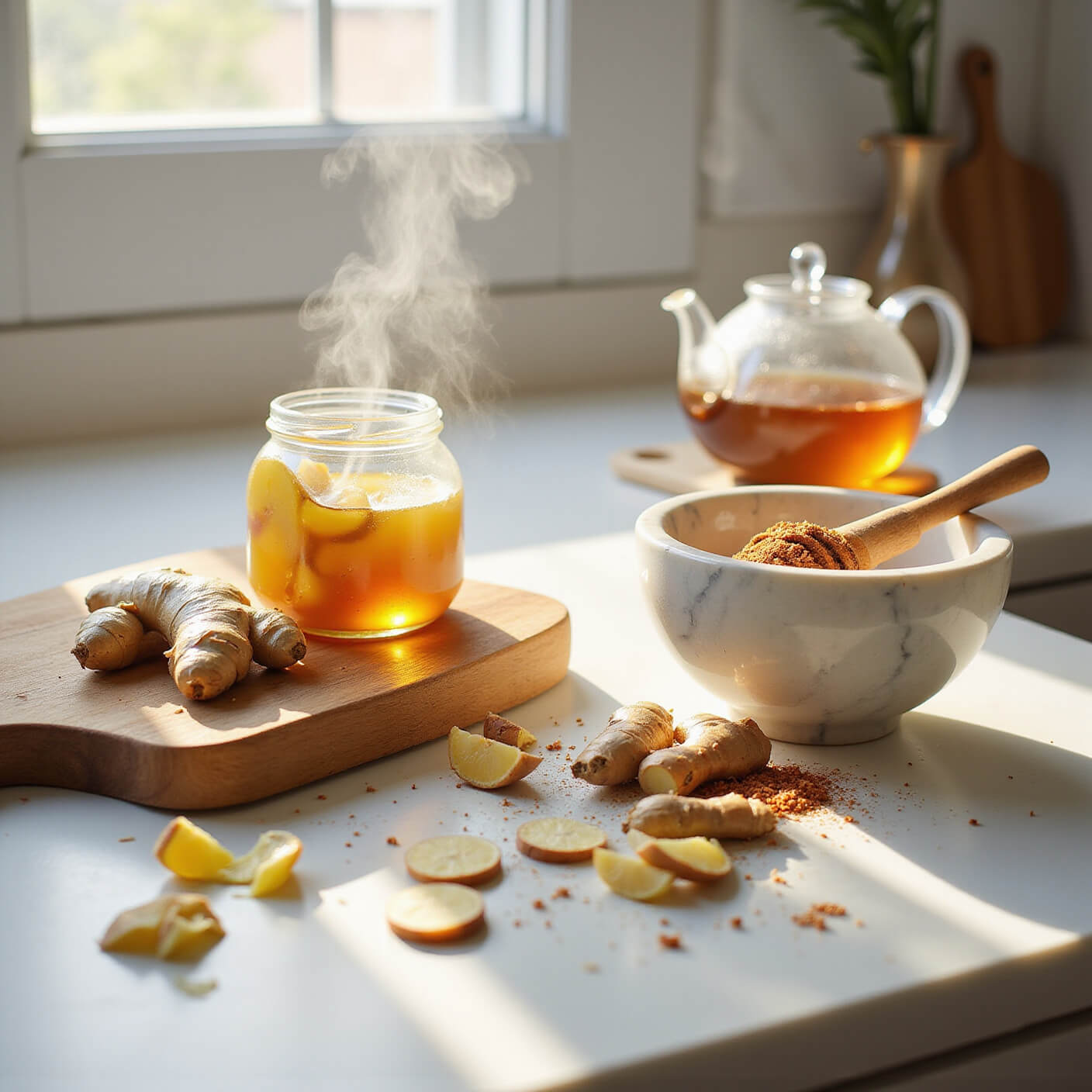 Sunlit modern kitchen counter with sliced ginger, honey jar, steaming glass teapot, whole ginger roots, and marble mortar with spices on white surfaces.