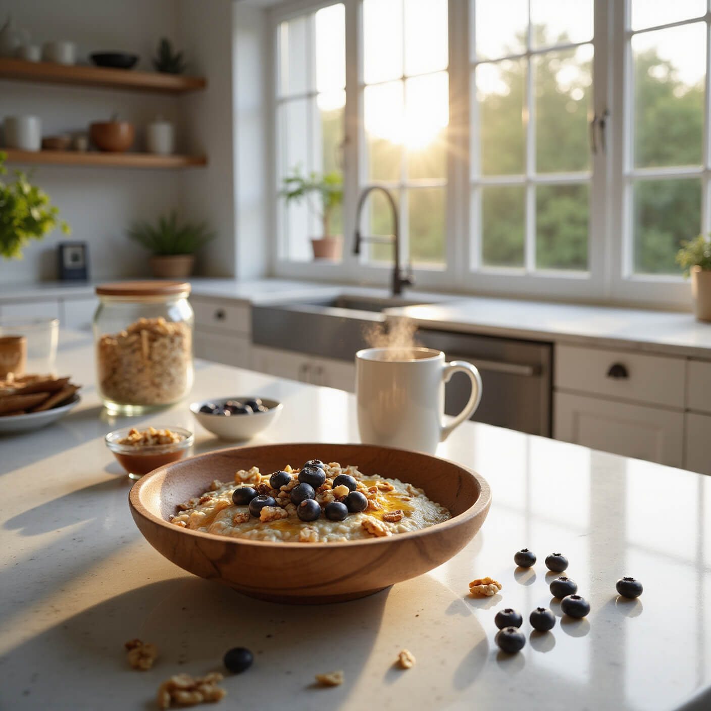 Modern sunlit kitchen with marble island featuring a wooden bowl of oatmeal topped with blueberries, walnuts, and honey, beside coffee, mixed nuts, and scattered breakfast ingredients.