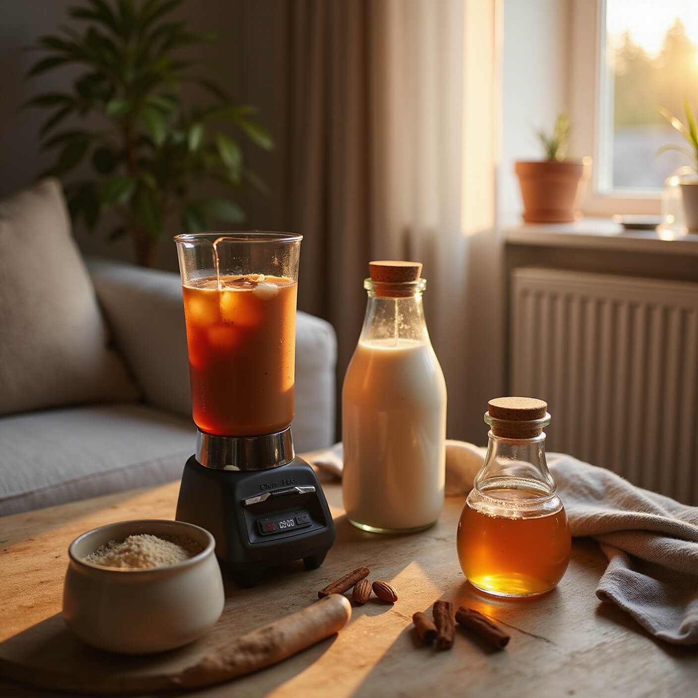 Minimalist Scandinavian wellness corner with a sleek blender of brown adaptogenic drink, surrounded by ashwagandha jars, cinnamon sticks, raw honey, and almond milk pouring from a glass bottle in warm golden hour light.