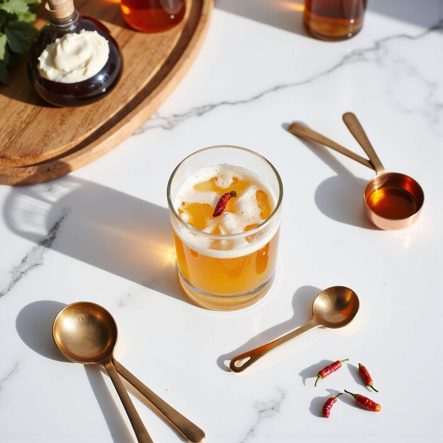 Clear glass of apple cider vinegar drink on white marble, surrounded by measuring spoons, organic honey jar, fresh cayenne peppers, and copper cups in bright morning light.