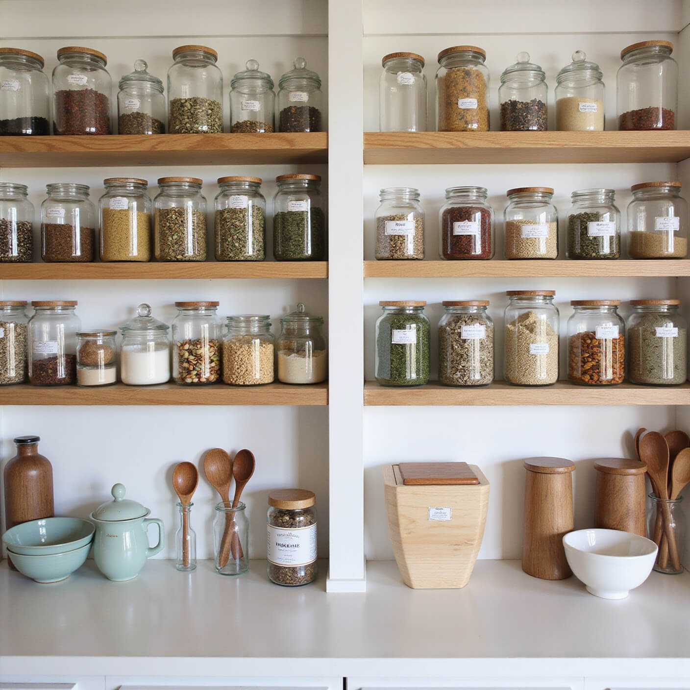 Open shelving in a contemporary wellness pantry with neatly organized glass jars of herbs, roots, and spices, accented by natural light, wooden measuring spoons, ceramic bowls, and sustainable storage solutions.