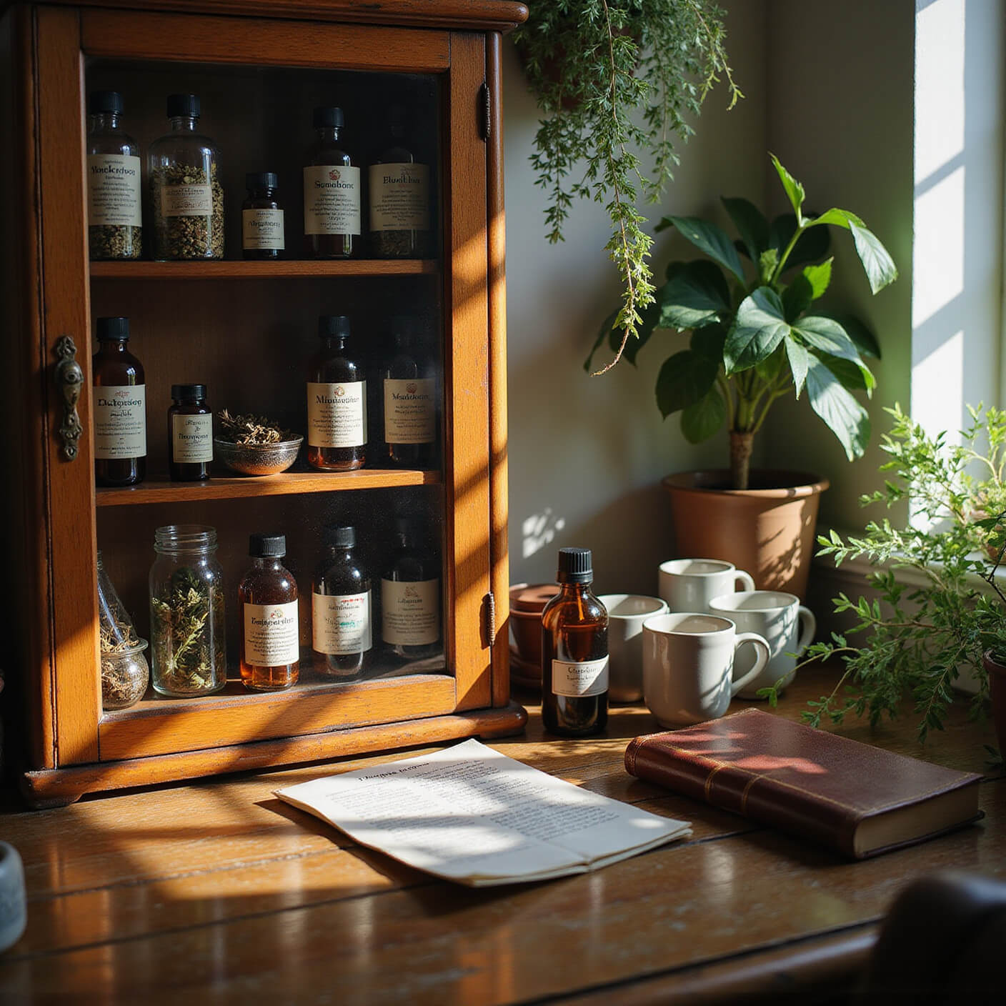 Cozy natural healing workspace with vintage apothecary cabinet, amber bottles, herbs, wooden desk, leather-bound book, herbal tea, and sunlit plants.