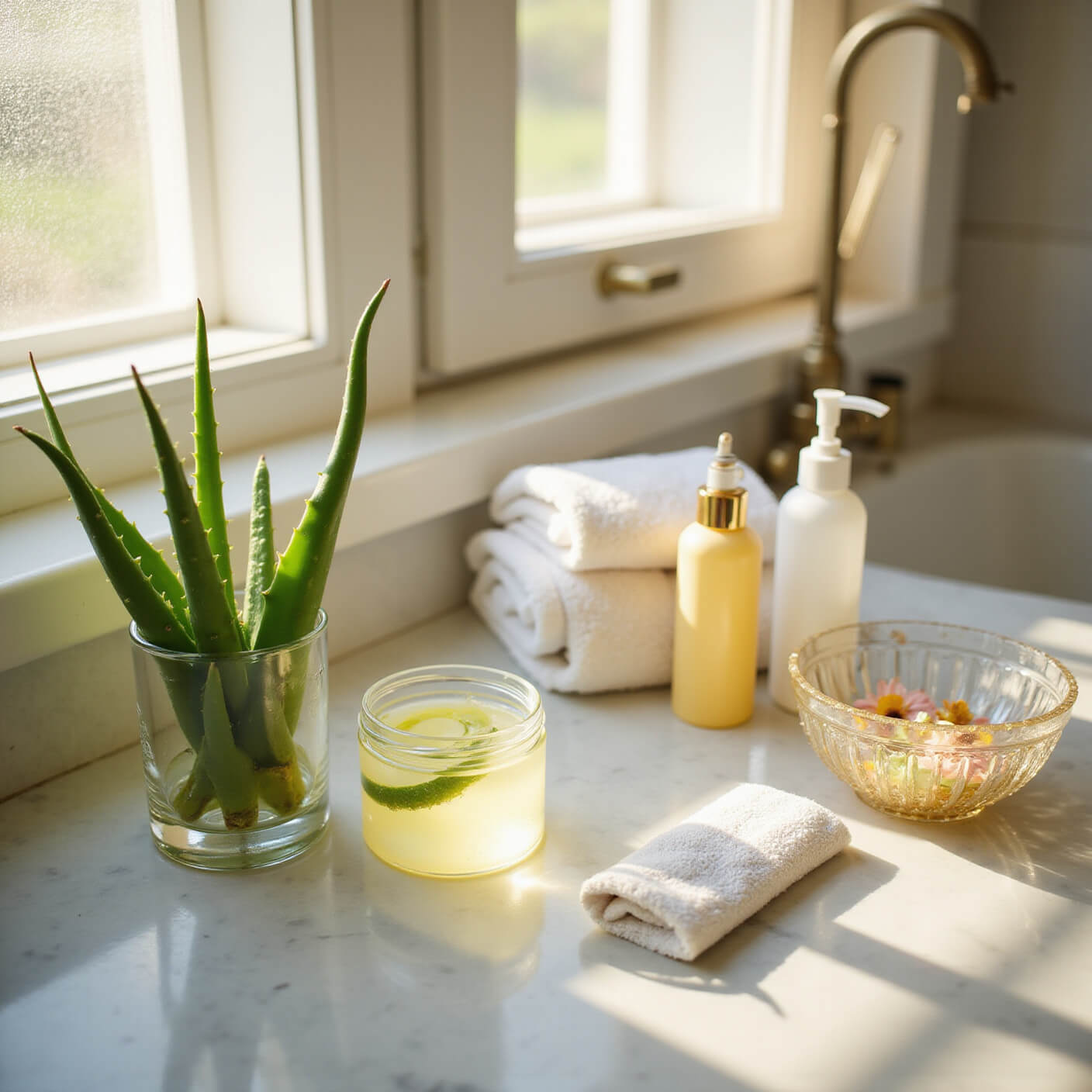 Sunlit bathroom counter with aloe vera, arnica gel, ice pack, white towels, luxury skincare, and crystal bowl with flowers on marble surface.