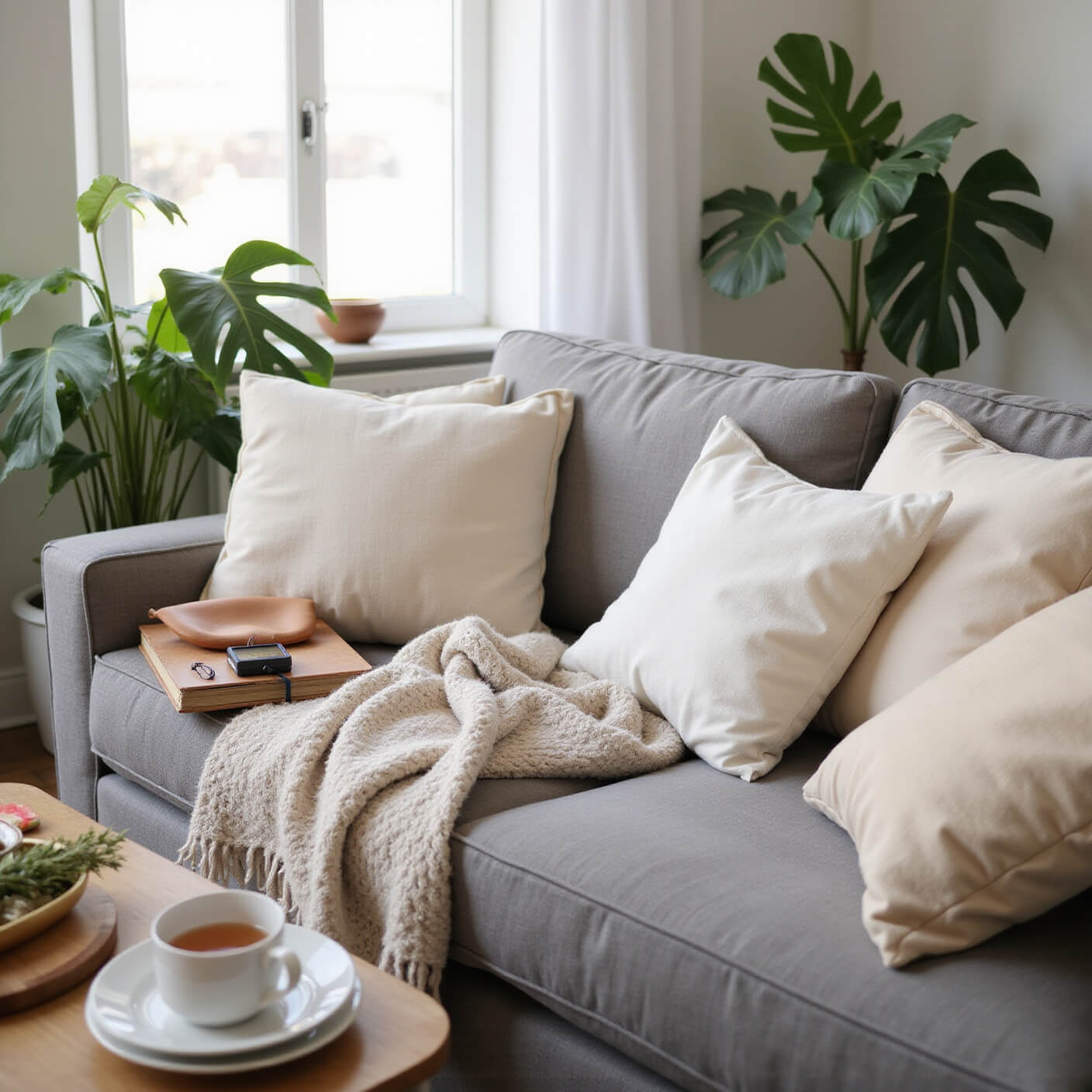 Cozy living room with grey couch, cream cushions, warm throw, heat pad, wooden side table with herbal tea, wellness journal, timer, and a large monstera plant.