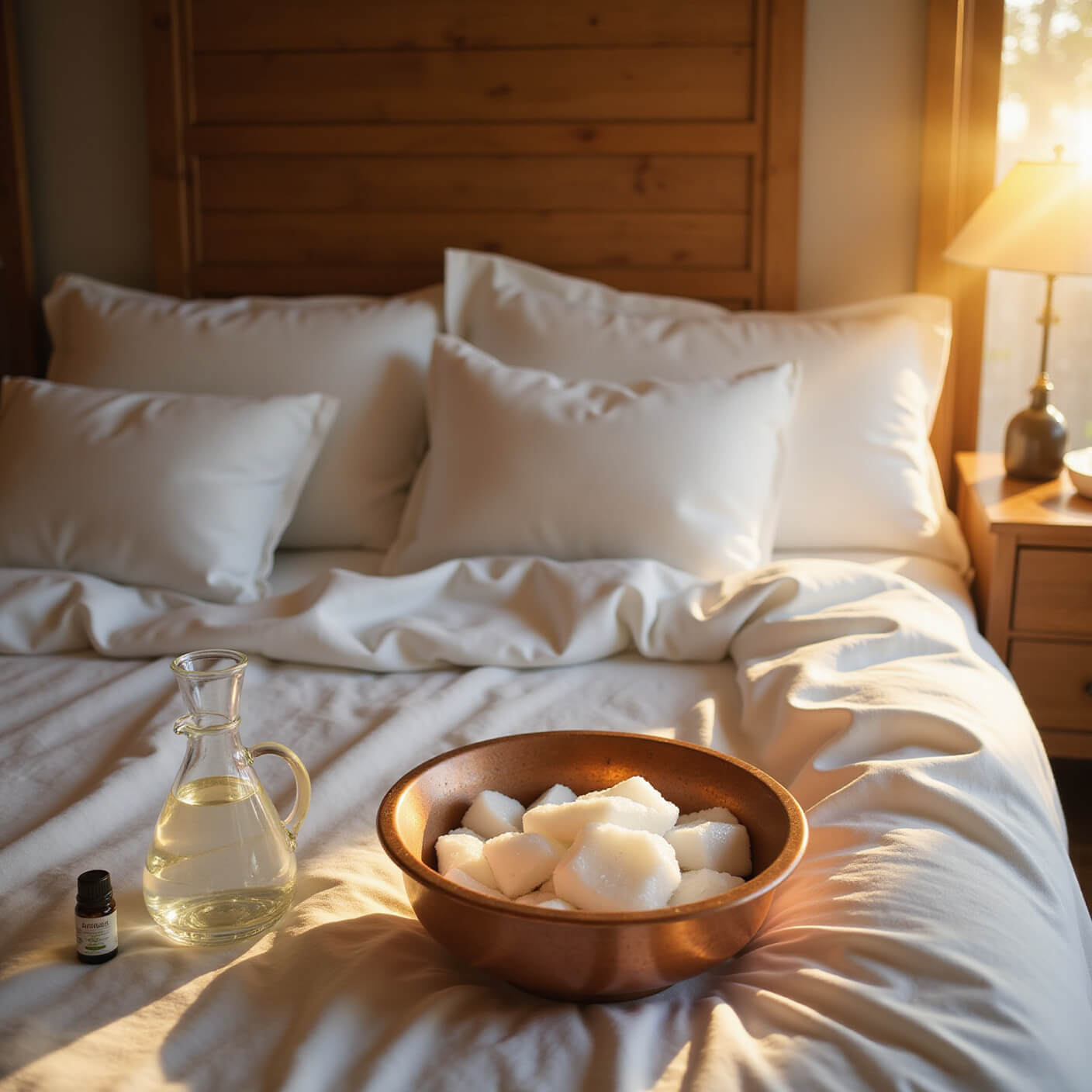 Serene bedside view of a sunrise-lit healing station with white linens, elevated pillows, copper bowl of ice packs, essential oil diffuser mist, water carafe, and warm oak accents.