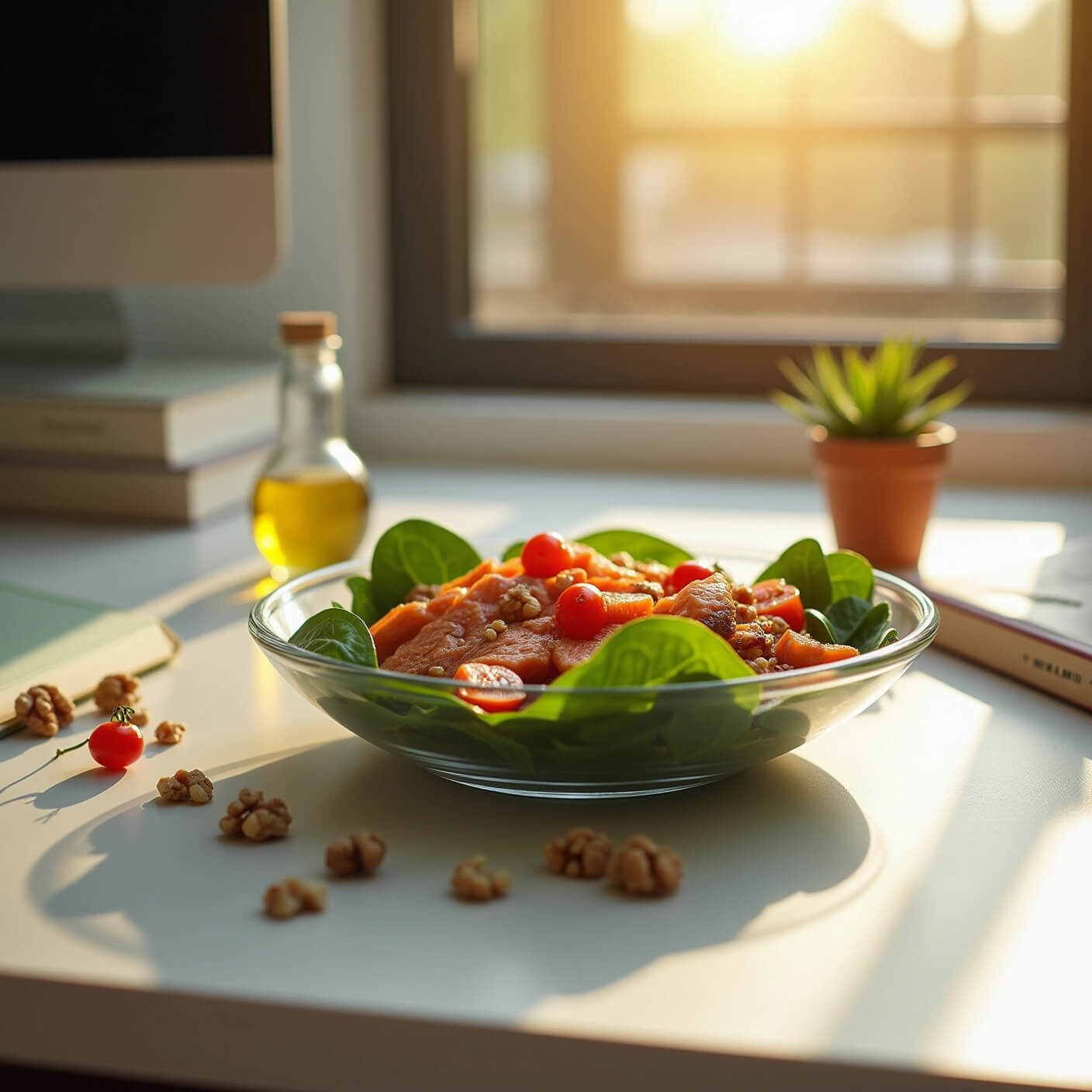 Healthy salmon spinach salad on a minimalist white desk at golden hour, with water bottle, books, and succulent in warm natural light.