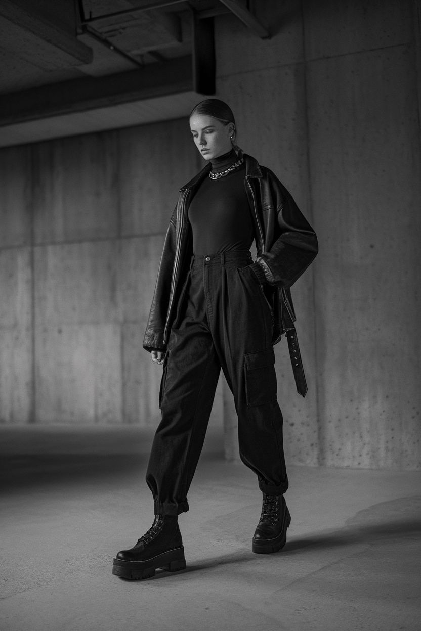 Model in minimalist concrete studio wearing black cargo pants, fitted turtleneck, vintage leather jacket, and platform combat boots, with dramatic side lighting against a textured wall.