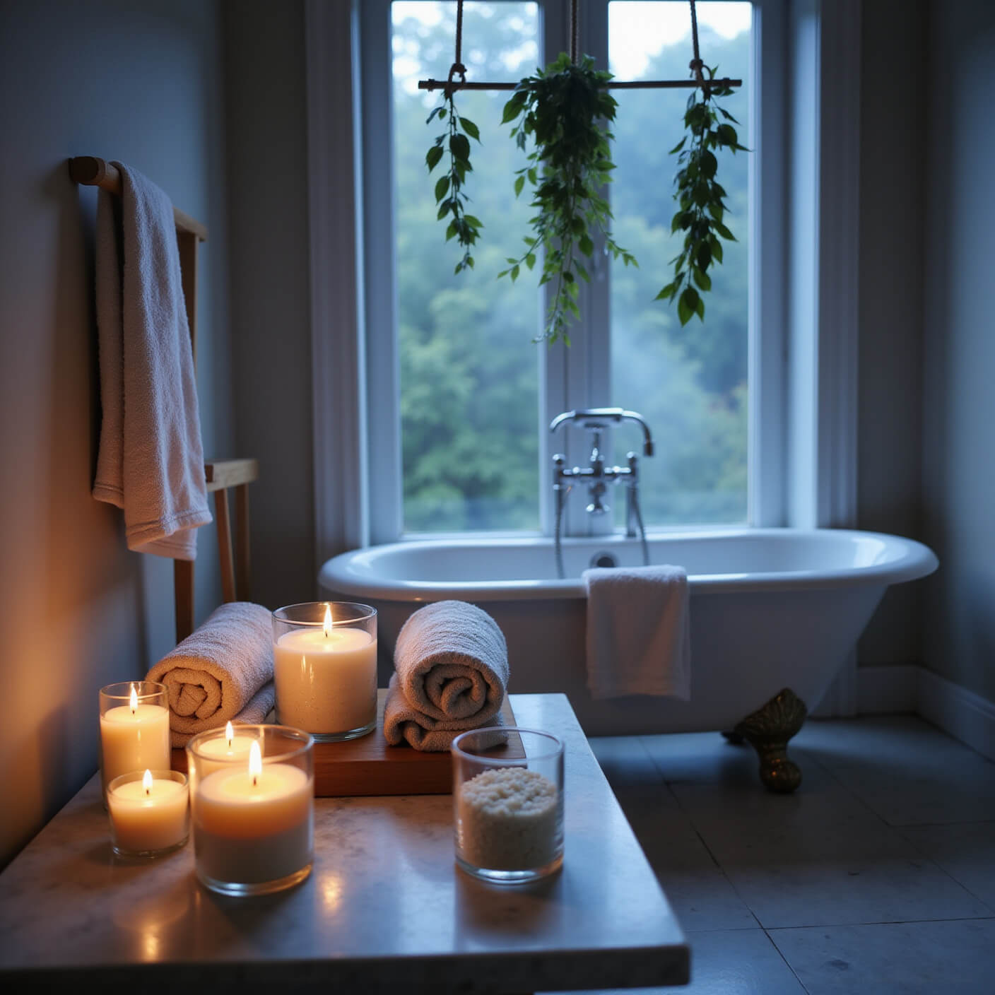 Spa-inspired bathroom at blue hour with clawfoot tub, bamboo towels, arnica bath salts, glowing candles, eucalyptus branches, and steamy, ethereal atmosphere.