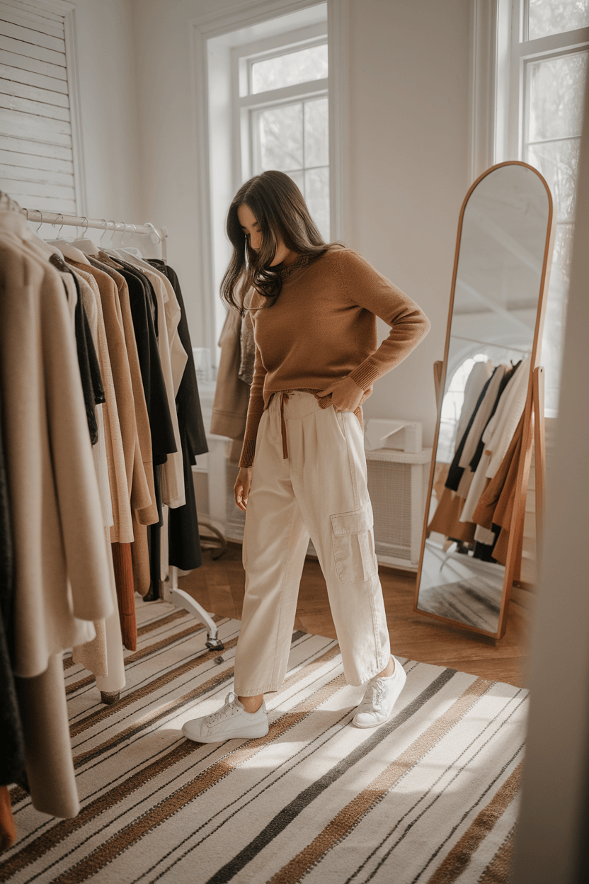 Model trying on cream cargo pants and camel sweater in sunlit living room with wooden floors, clothing racks, and mirror visible.