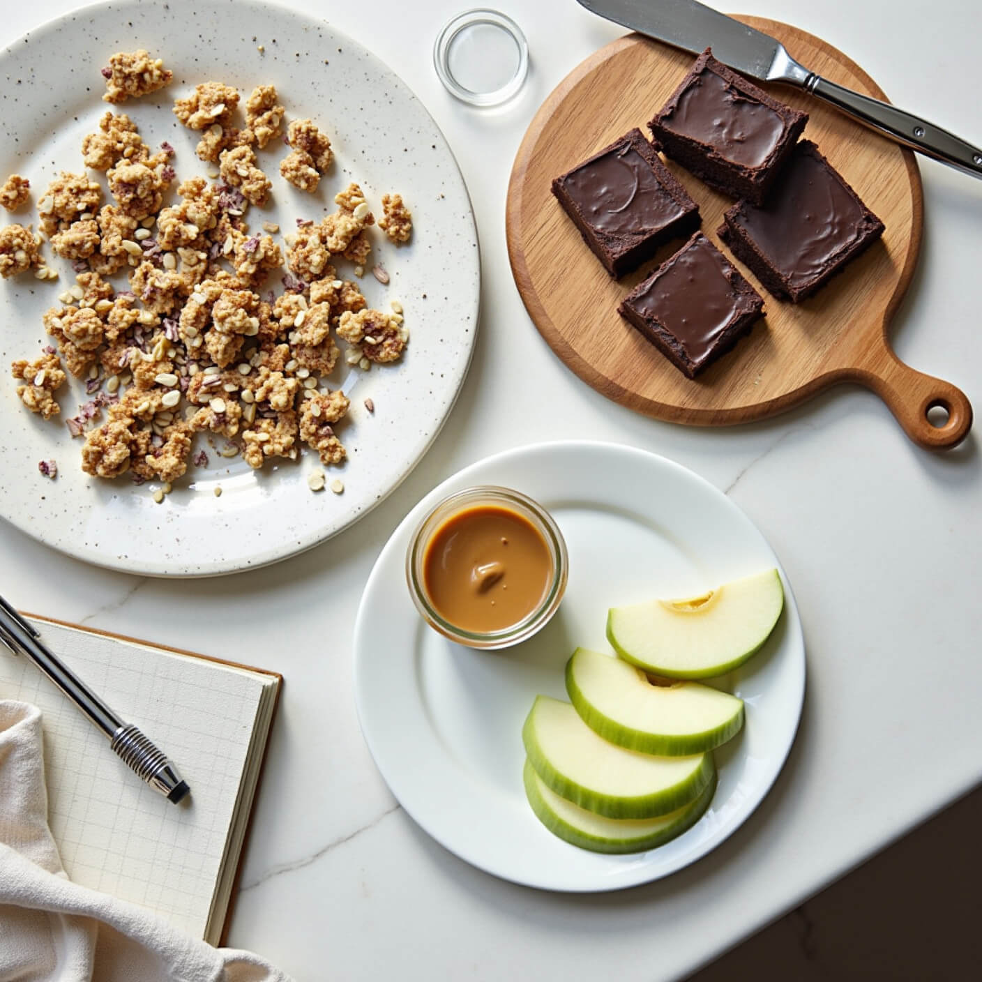 Mindful snacking setup on a wooden counter with dark chocolate, mixed nuts, green apple slices with almond butter, a journal, and linen towel in soft afternoon light.