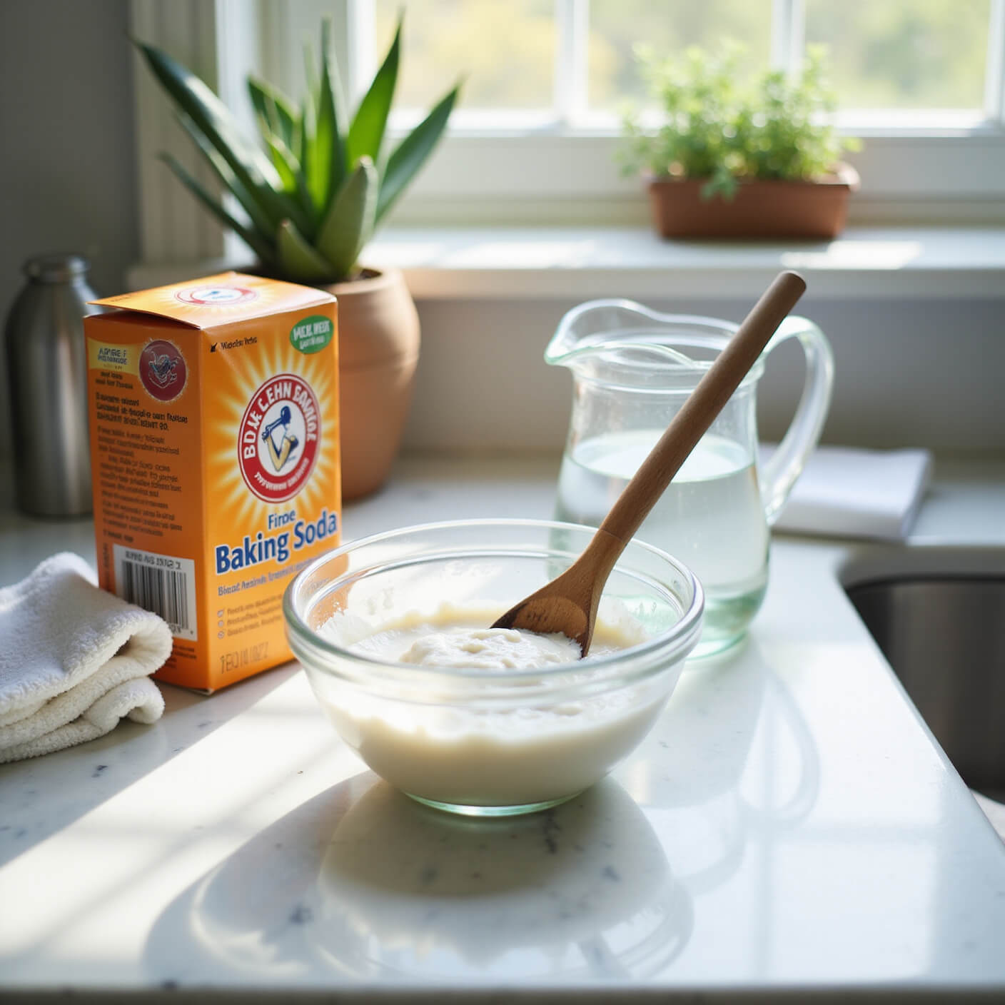 Bright modern kitchen counter with marble surface, baking soda paste being stirred in glass bowl, surrounded by baking soda box, water pitcher, white cloths, and aloe plant, with herb garden blurred in background.