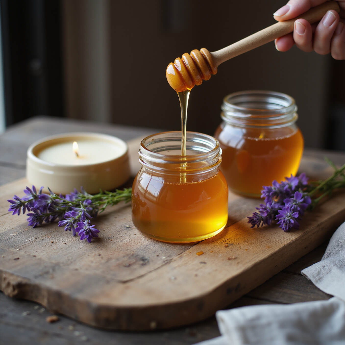Macro shot of honey dripping from wooden dipper onto skin in rustic farmhouse kitchen, with honey jar, beeswax candle, lavender, and cotton pads on weathered wood background.