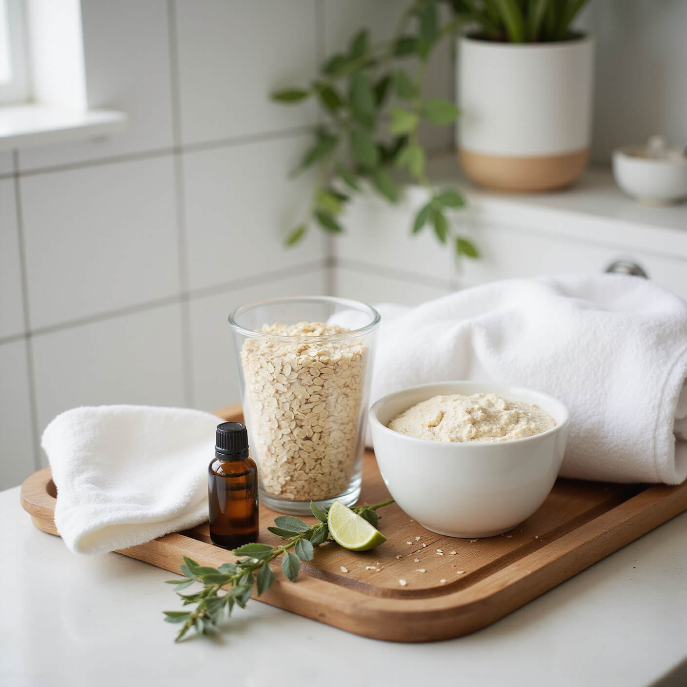 Spa-inspired bathroom with oatmeal paste in a white bowl, whole oats in a glass, essential oils, face cloths, and eucalyptus on a bamboo tray, set against white tiles and natural wood accents with steam in the background.