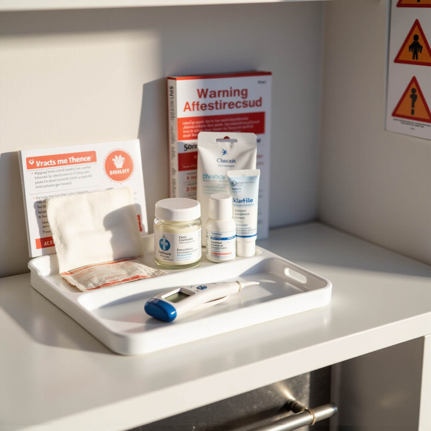 Organized home medical station with first aid supplies on white tray, red warning chart on wall, and clean white counter in warm afternoon light.