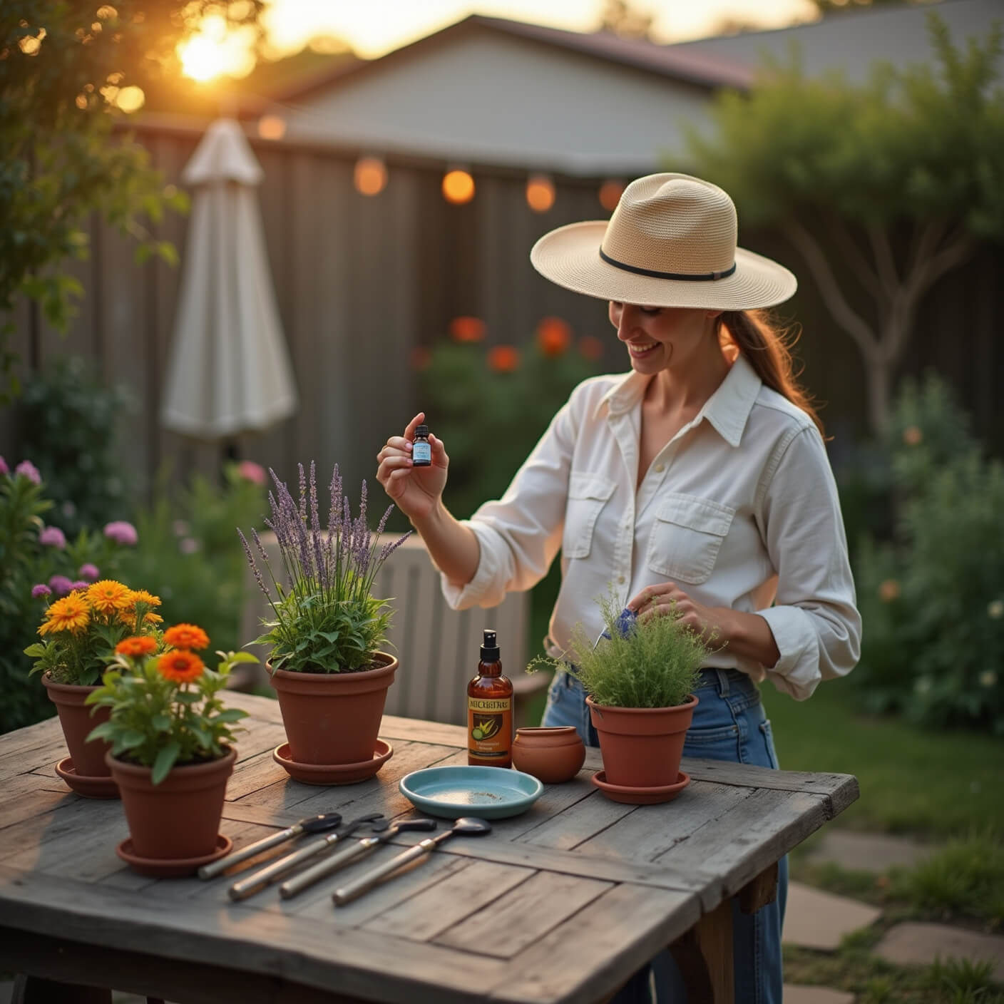 Person applying natural insect repellent on a dusk-lit patio, surrounded by potted citronella, lavender, and marigolds; garden tools, a wide-brimmed hat, and mosquito netting on display under warm evening lighting.